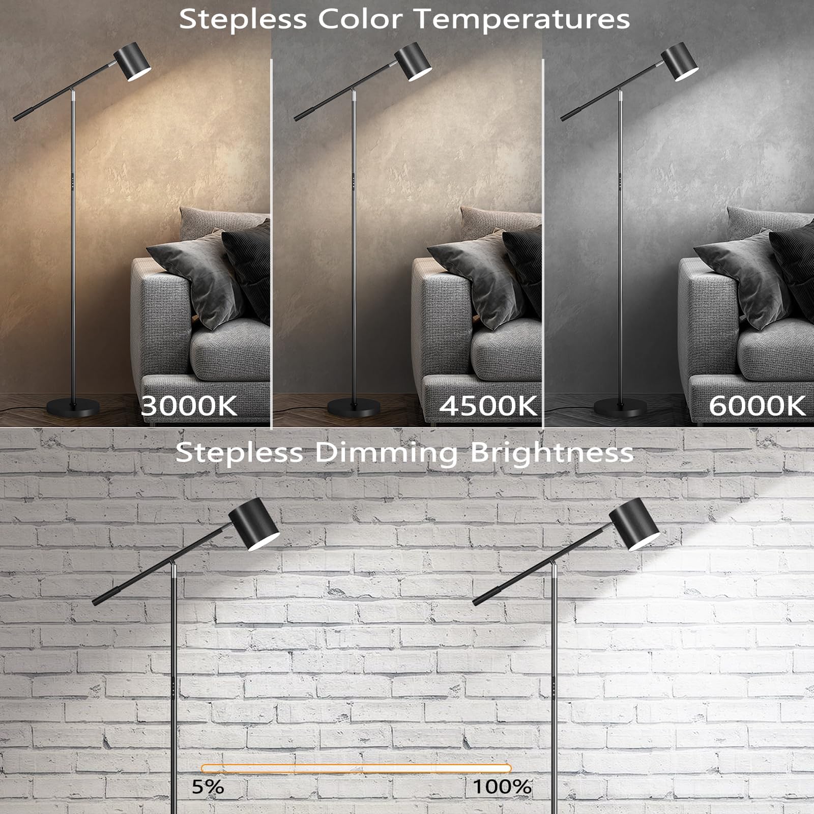 Floor Lamps For Living Room, Modern Stepless Dimmable Standing Lamp With Remote & Touch Control, Adjustable Swing Arms 73'' Tall