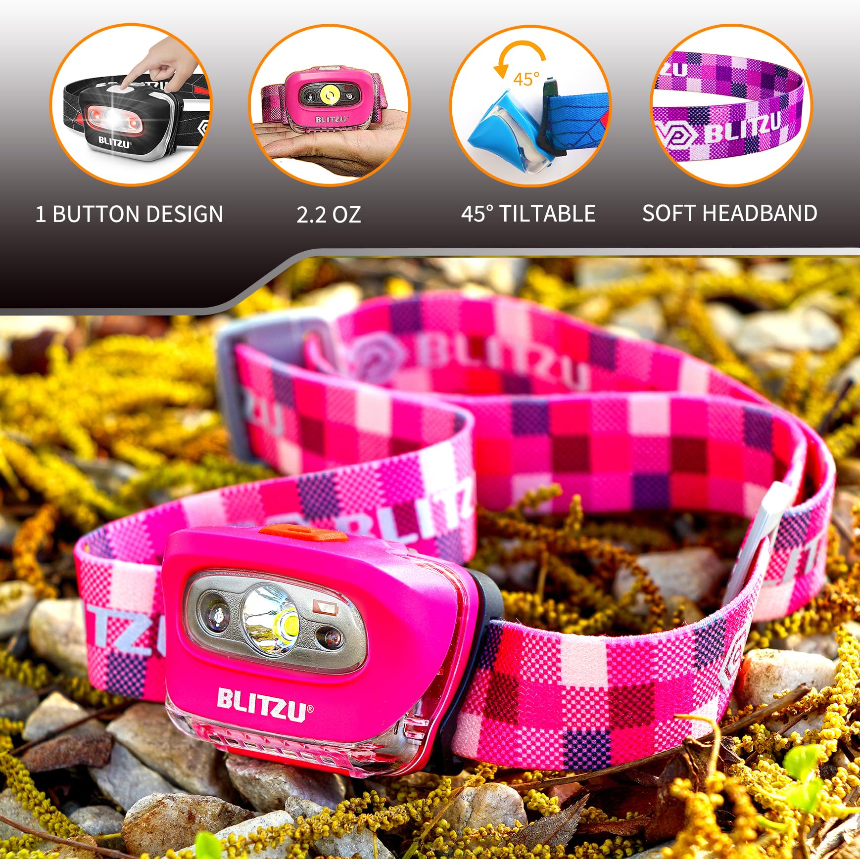 BLITZU Head Lamp - LED Headlight, Pink, Lightweight, Durable Plastic, Ideal for Camping, Kids, Family, and Outdoor Activities