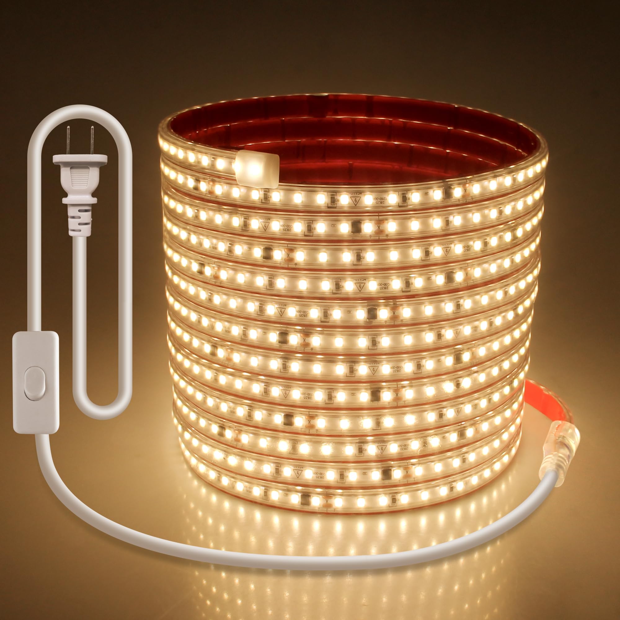 Samsion Self-Adhesive 20FT LED Band Lights for Bedroom Warm White Waterproof Flexible LED Rope Light for Outside AC 110V-120V Switch Plug in 2835 120LED/M LED Tape Light for Bedroom Indoor Outdoor