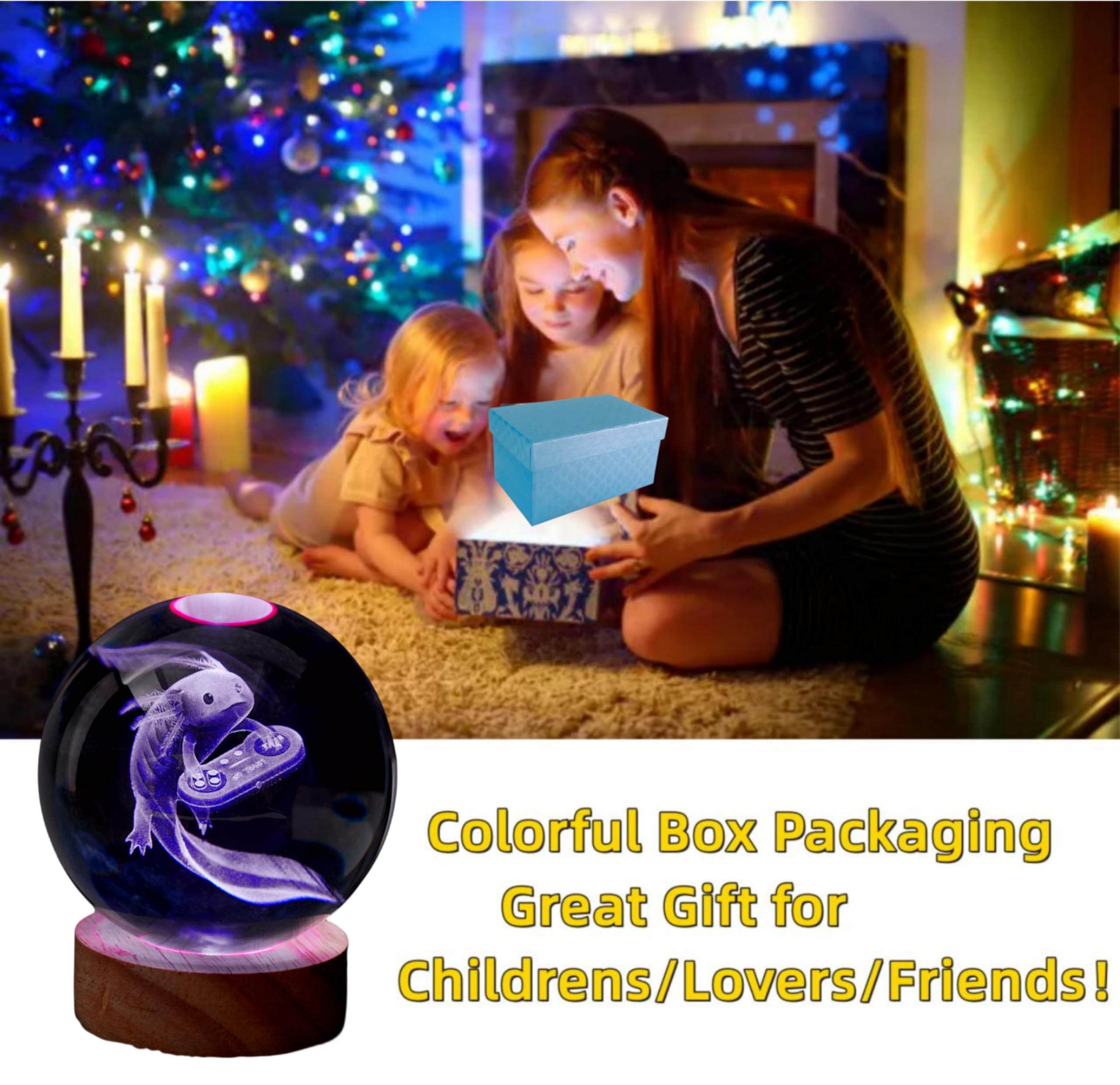 Conalisk 3D Axolotl Crystal Ball Lamp, 3.15 Inch, LED Wooden Base, 16 Colors, Gift Box Packaging, Axolotl C