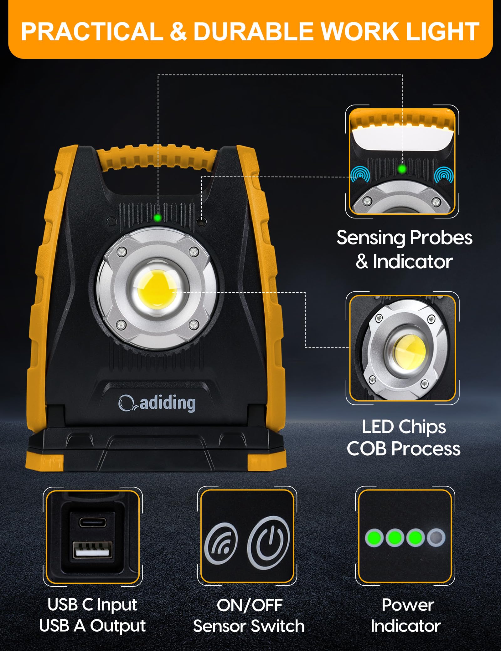 Adiding Rechargeable Led Work Light 4400Mah, Portable Flood Light Underhood Work Light With Sensor & 360 Rotation Magnetic Base,