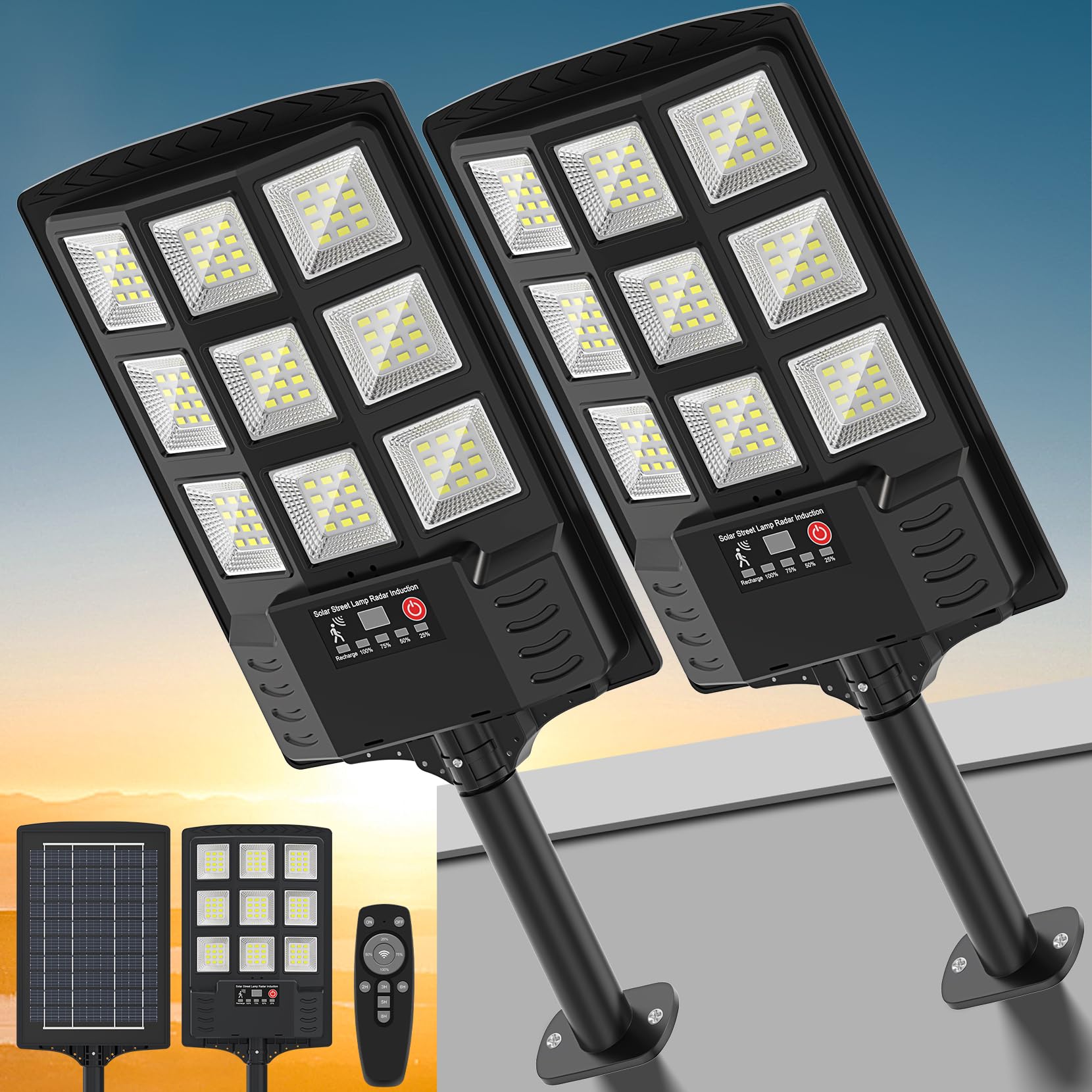 VowelsOne Solar Street Lights, 16000LM LED, Motion Sensor, Remote Control, Waterproof, 2-Pack, Black, Model HS8-2P