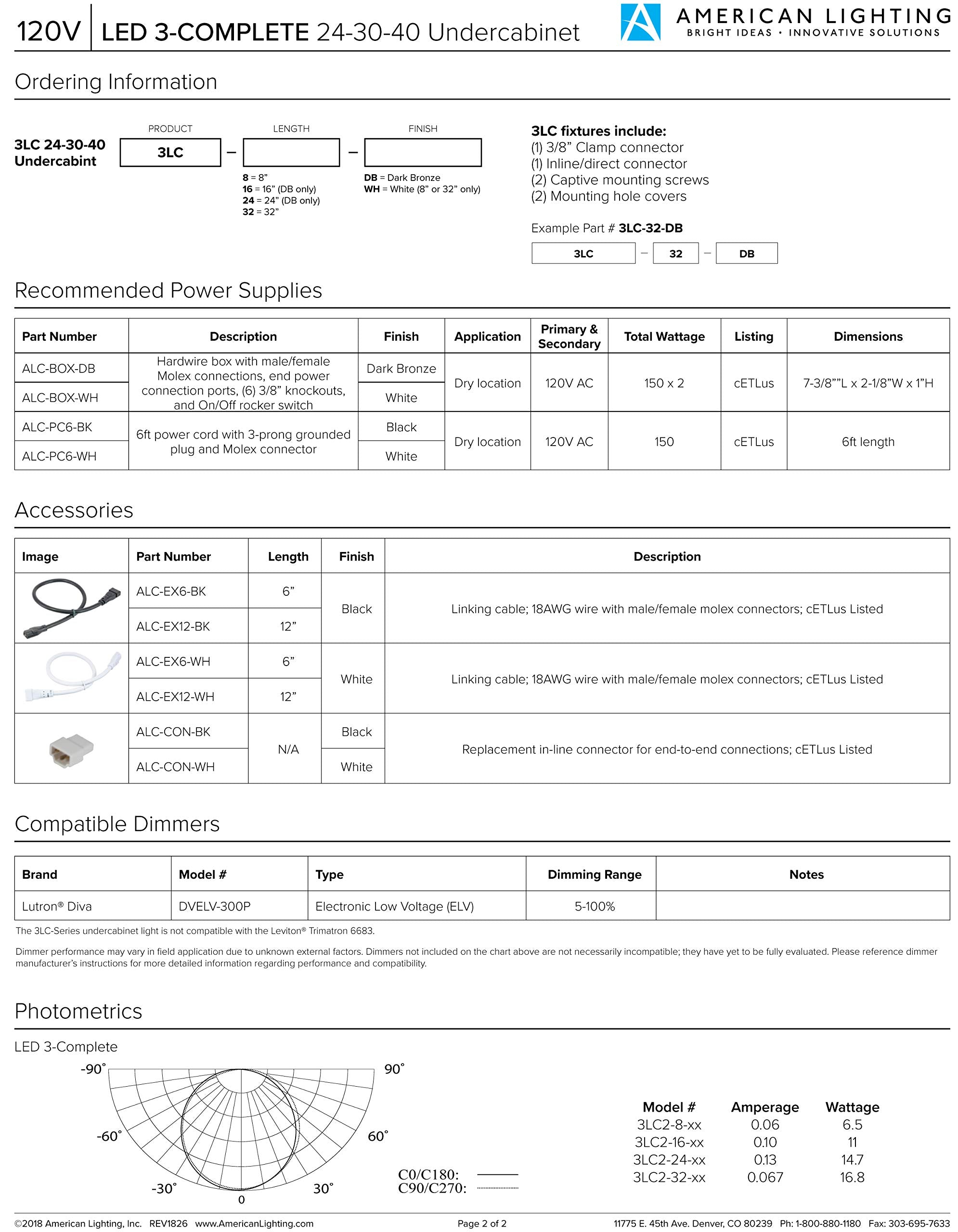 American Lighting 3LC2-24-WH LED Undercabinet Light, Adjustable 2700K-4000K, 32-Inch, White, 1-Pack