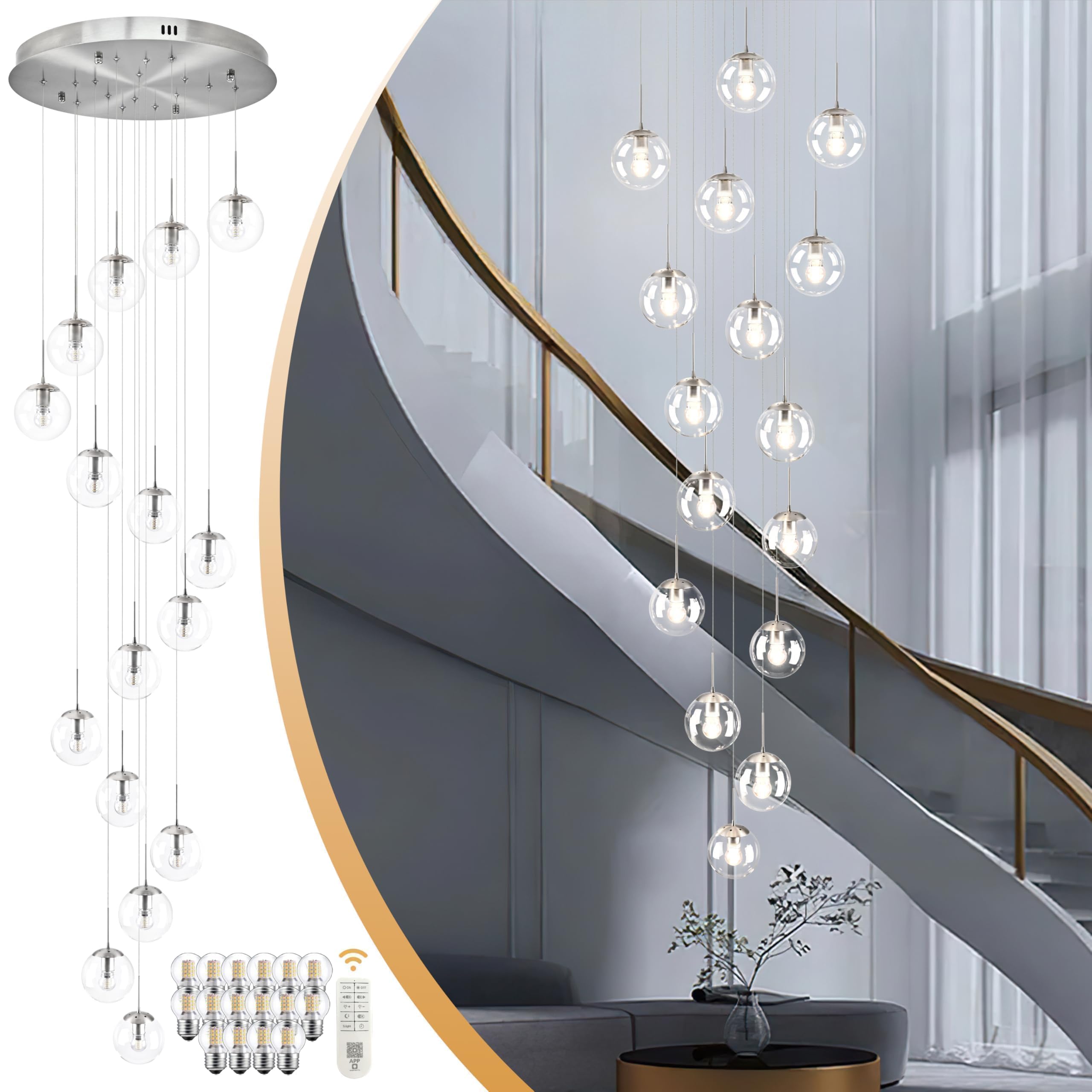 Koko&Yukina 16-Light Nickel Mid Century Modern Chandelier For Living Room Staircase Chandelier For Entryway Clear Globe Glass Ch