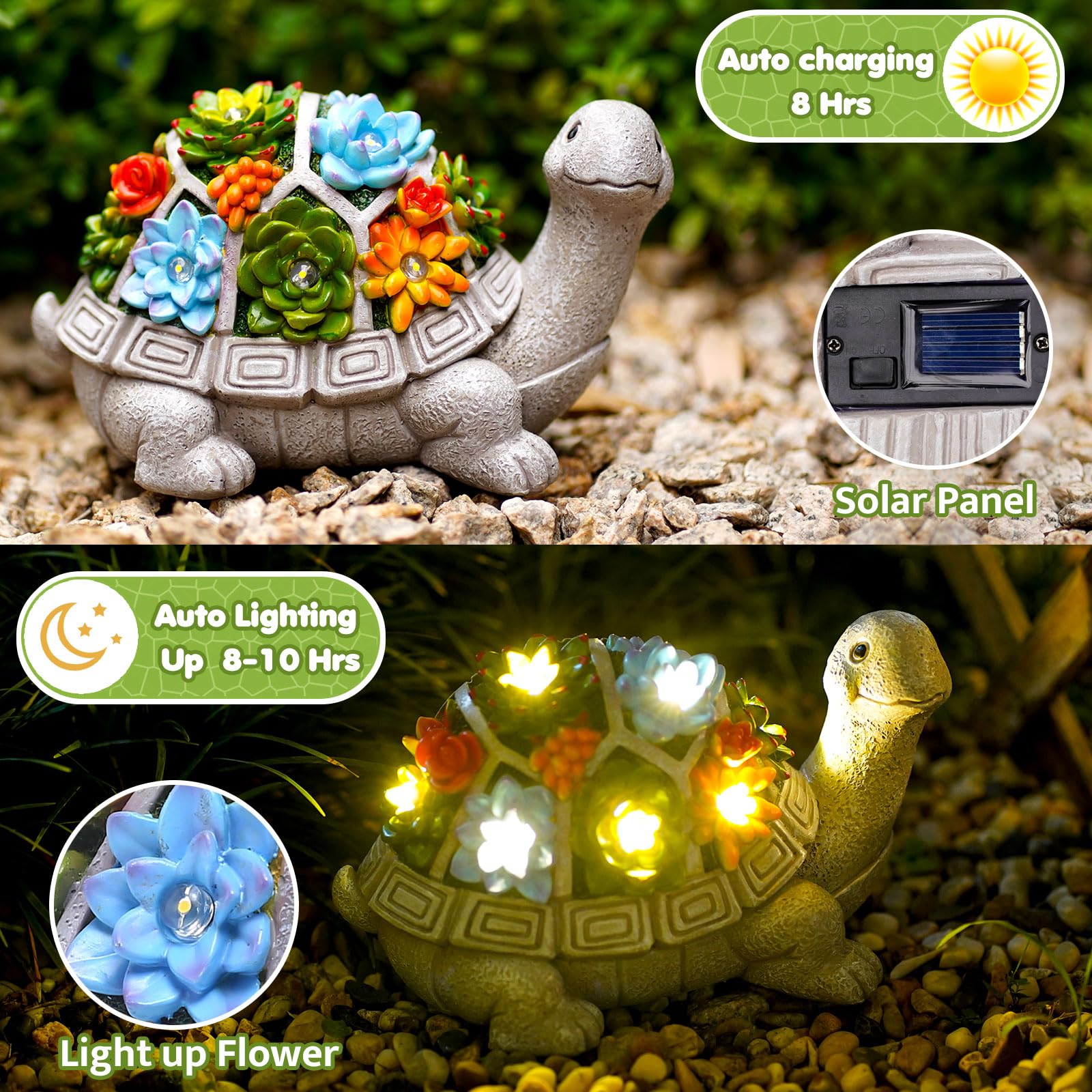 Tiejiajiang Solar Garden Turtle Statue With 7 Led Lights - Gray Turtle Outdoor Decor For Yard
