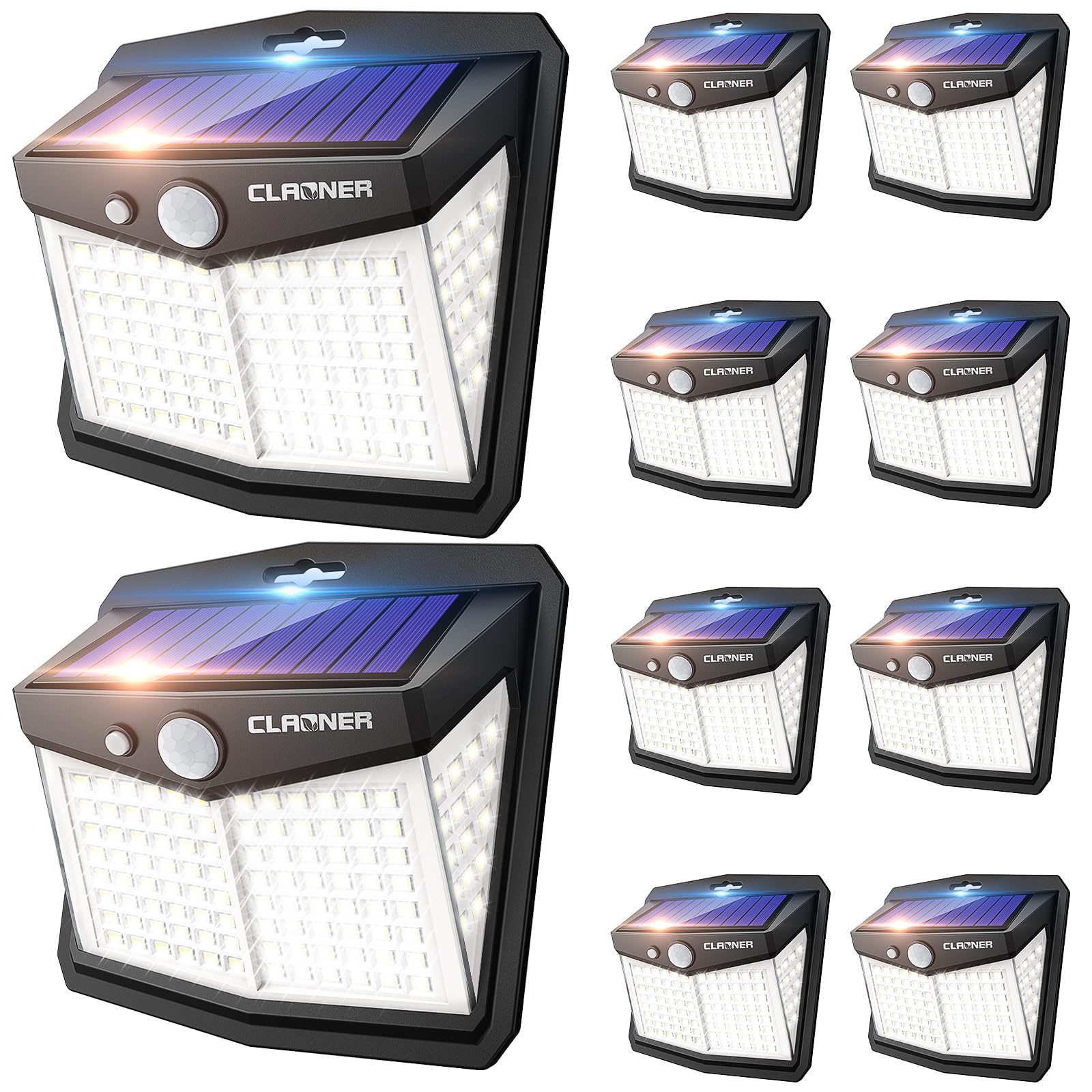 CLAONER Solar Lights Outdoor, 128 LED Motion Sensor, 270° Wide Angle, IP65 Waterproof, 10 Packs, Cold White, Model CLCLSL015AB-USAS1