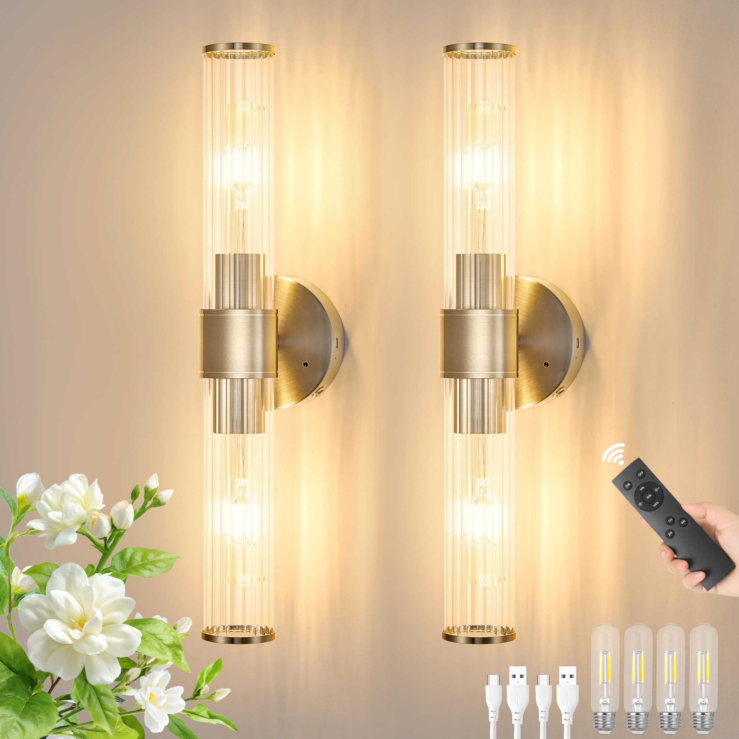 Morauroral Sand Nickel Battery Operated Wall Sconces Set of Two, Rechargeable Wall Sconce with Dimmable Remote Control, 20 Inch 