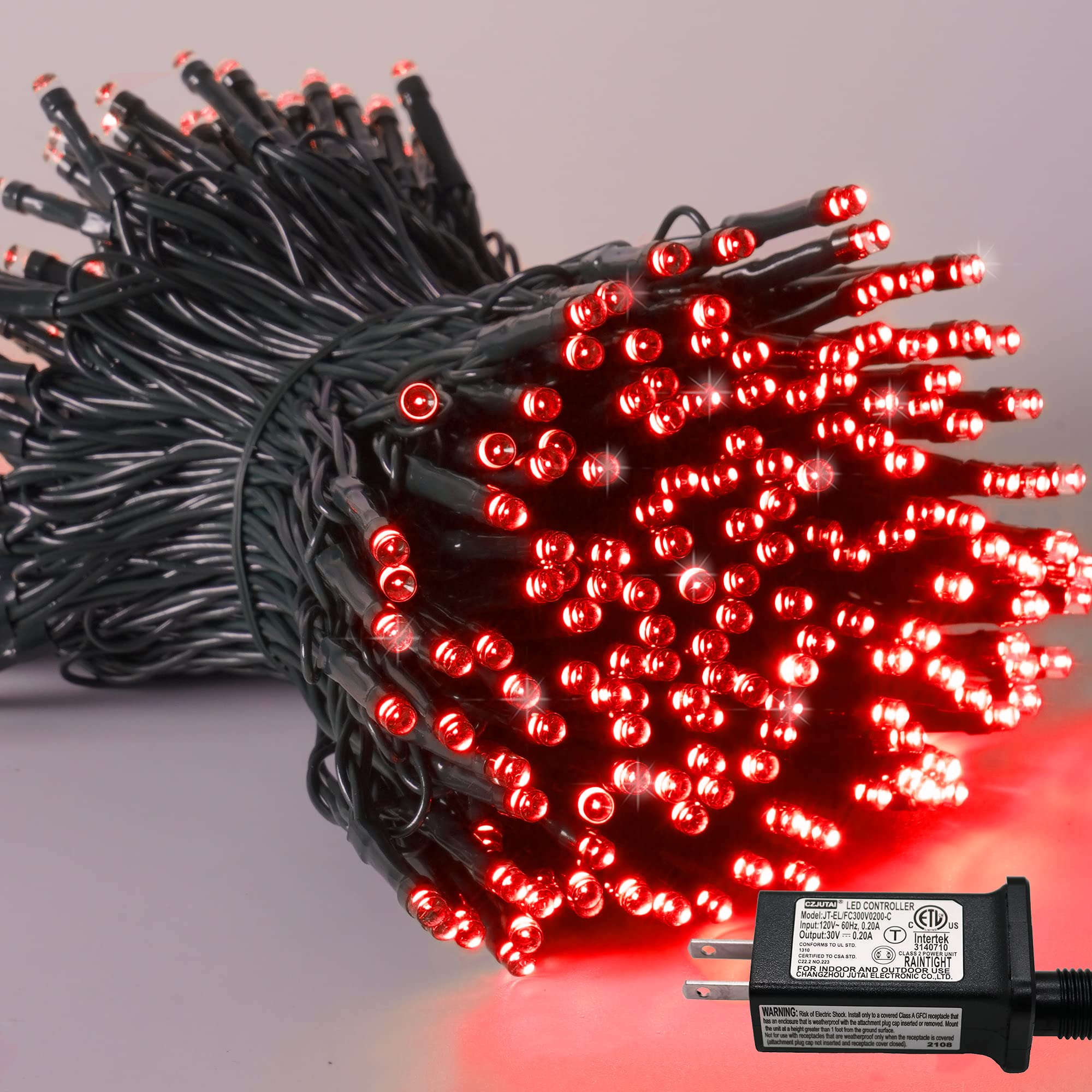 YEGUO 66ft 200 LED Red Christmas Lights, Waterproof Green Wire, 8 Modes, Indoor/Outdoor, Model JT-EL/FC300V0200-C
