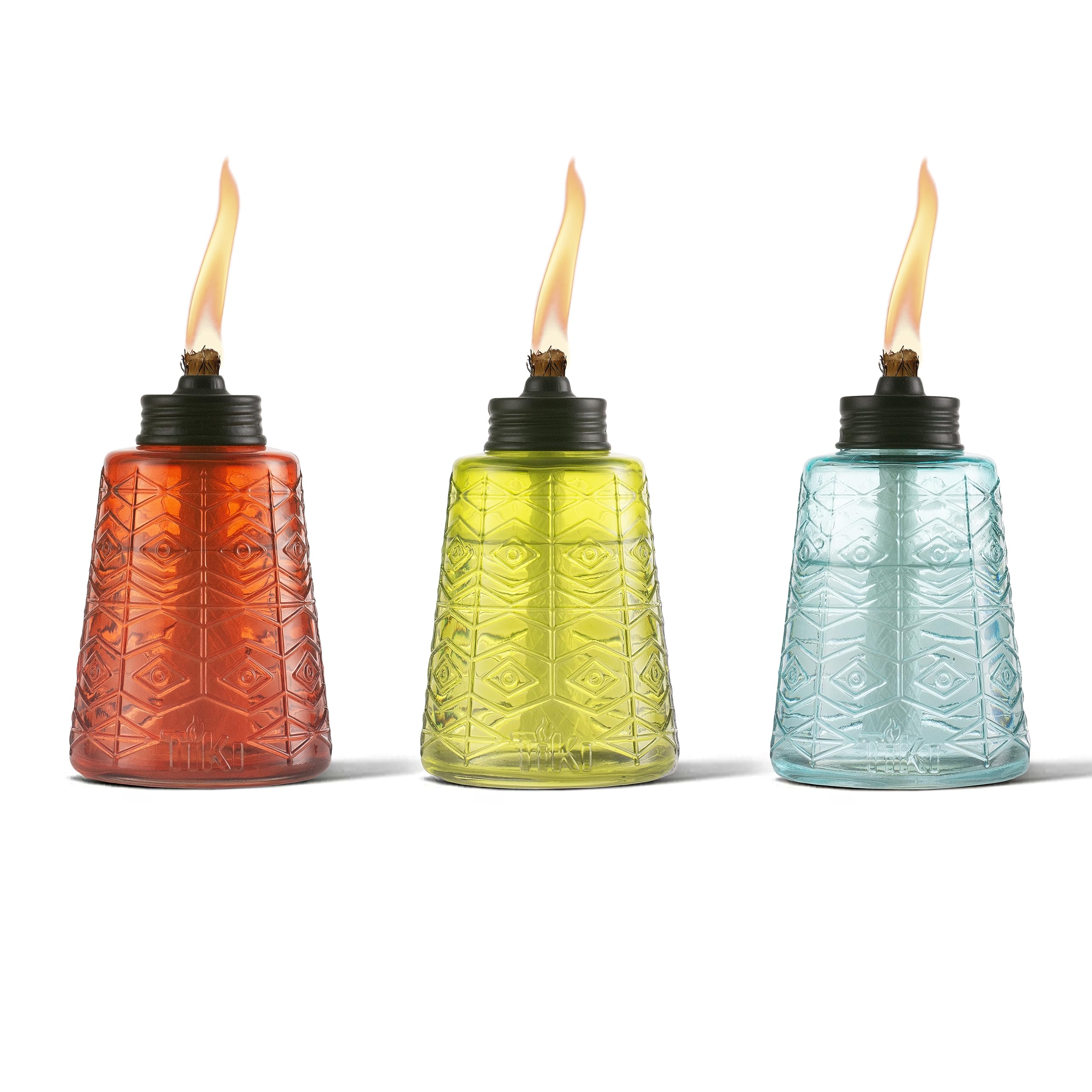 TIKI Molded Glass Outdoor Torch Set of 3, 6 in - Red, Green, Blue - Patio, Lawn, Garden Decor