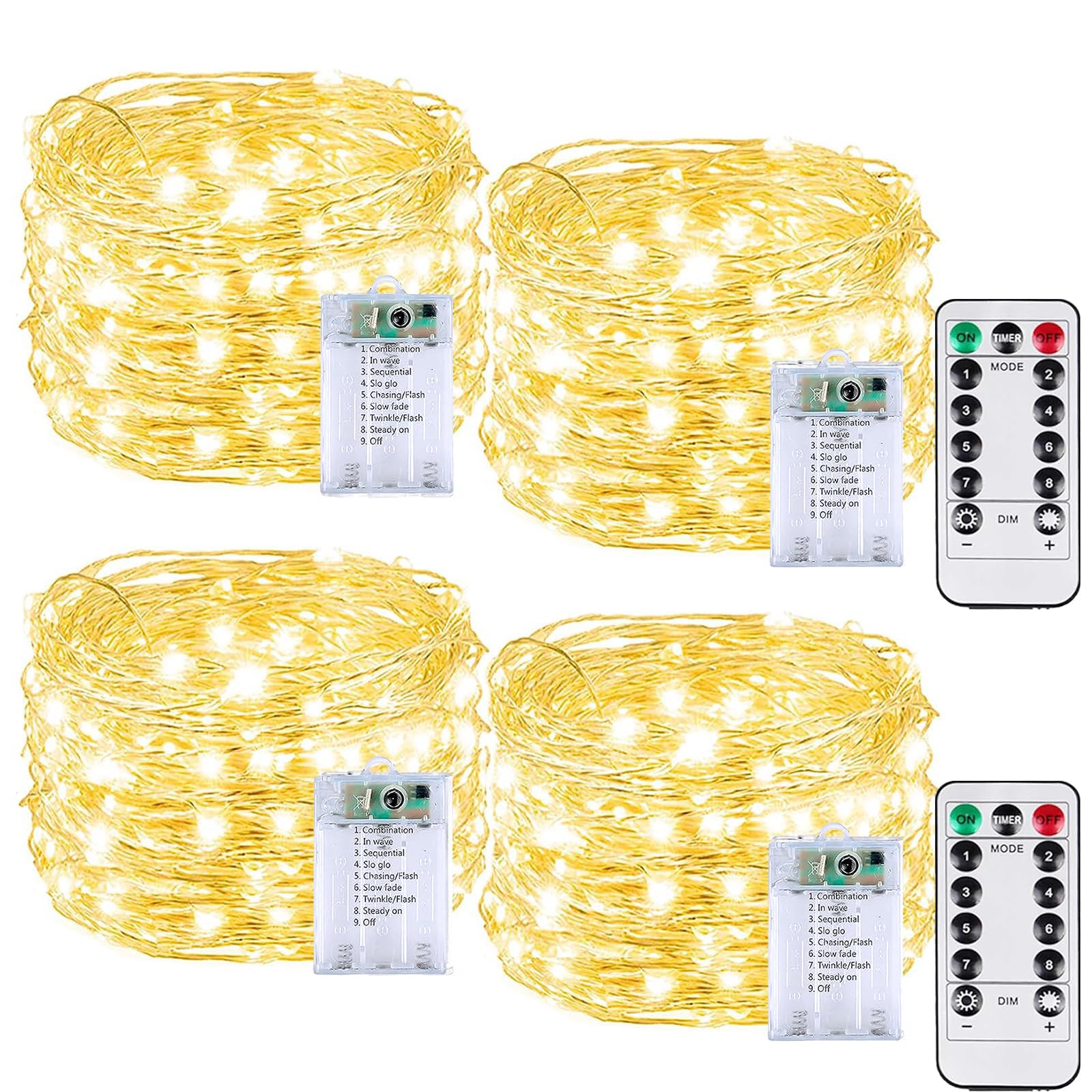 4 Pack 20Ft 60LED Battery Operated Fairy Lights with Remote, Waterproof Rmote Control Battery Twinkle Lights with Timer, Battery