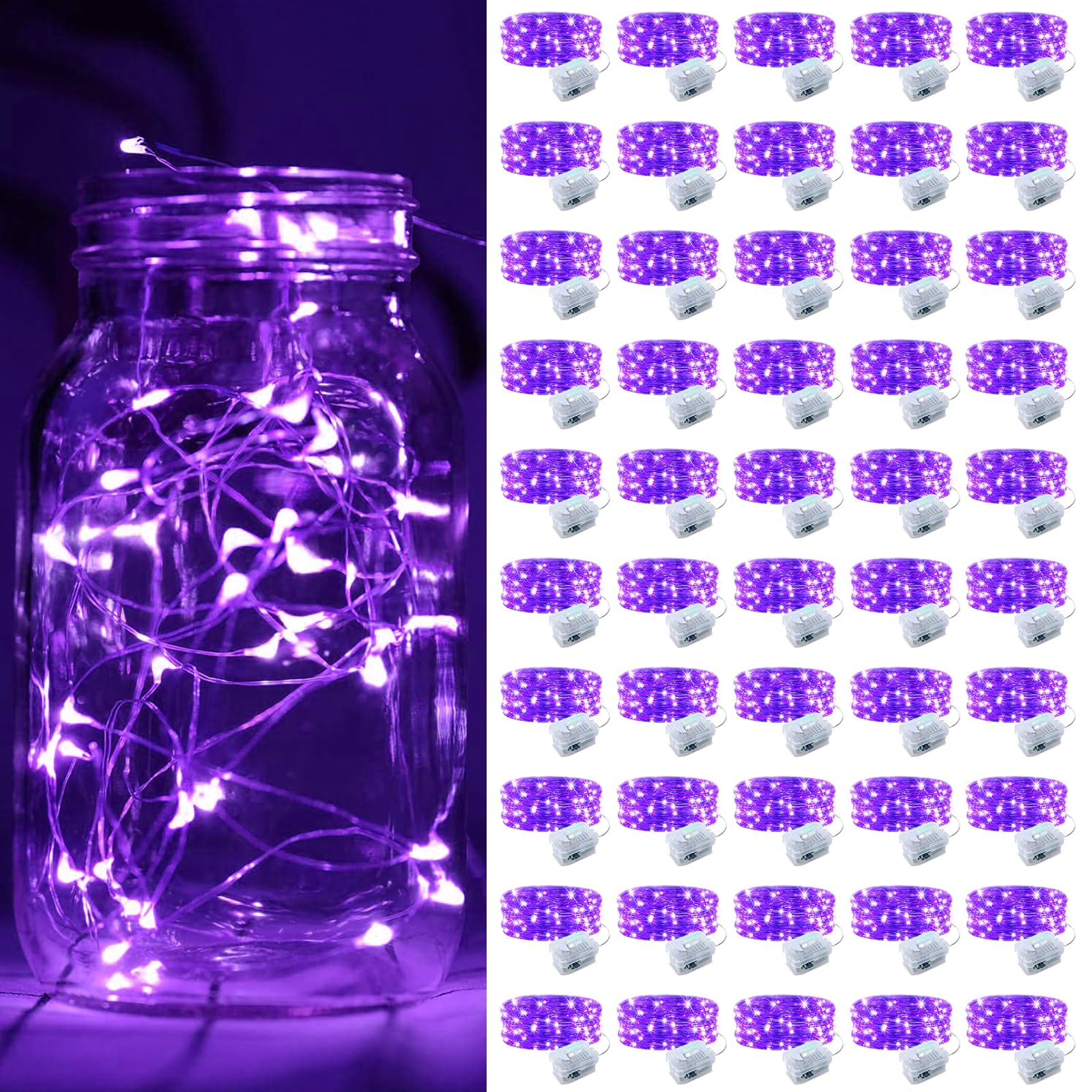 ZGWJ 50 Pack Fairy Lights Battery Operated  7ft 20 Mini LED Fairy String Lights Silver Wire 3 Modes for DIY  Parties  Wedding  Bedroom  Halloween Christmas Decoration Purple