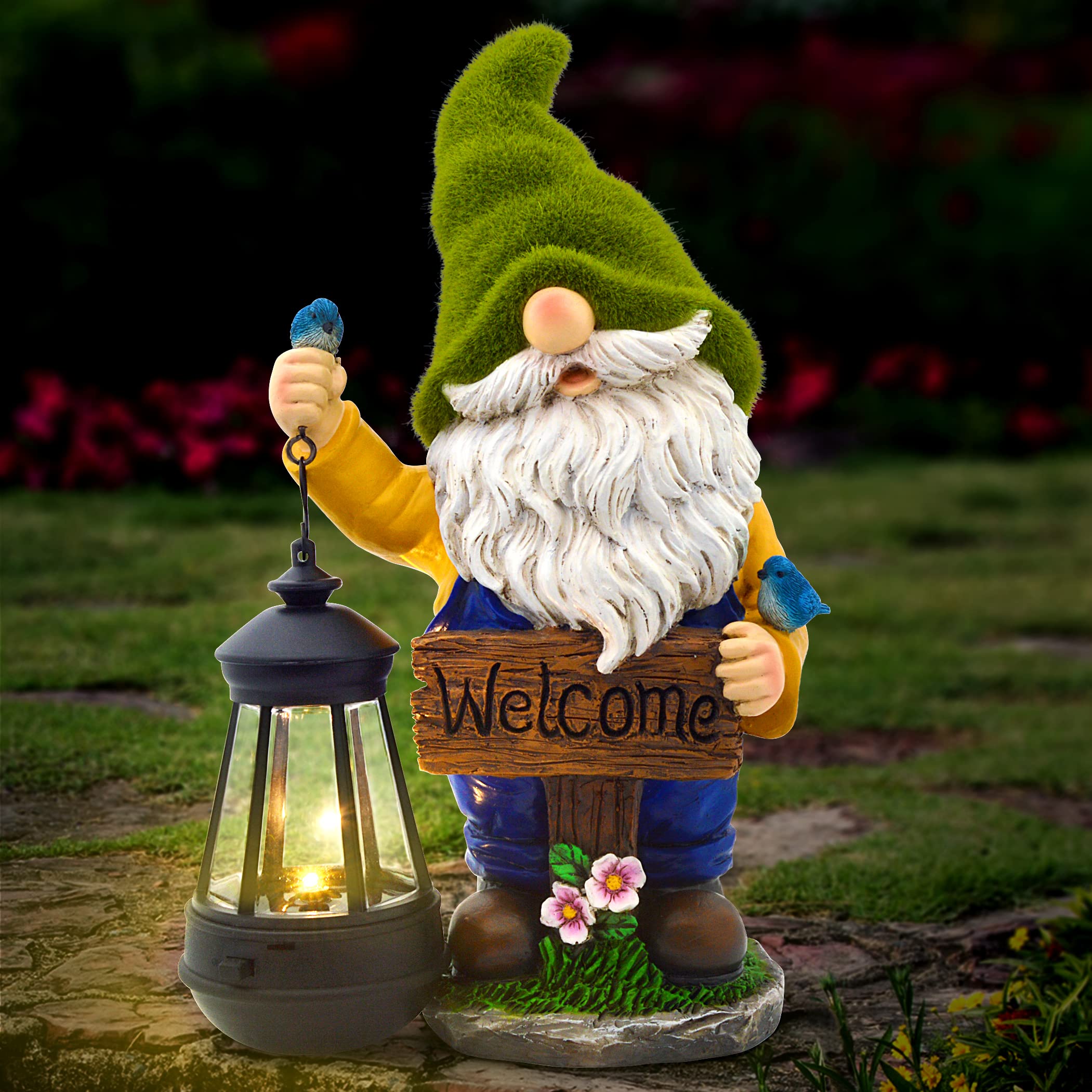 Olekki Garden Gnome Statue with Solar LED Lights - 11.6x6.7x4.3 inch, Flocked, Outdoor Decoration, Model OLKSL-GNM1, Solar