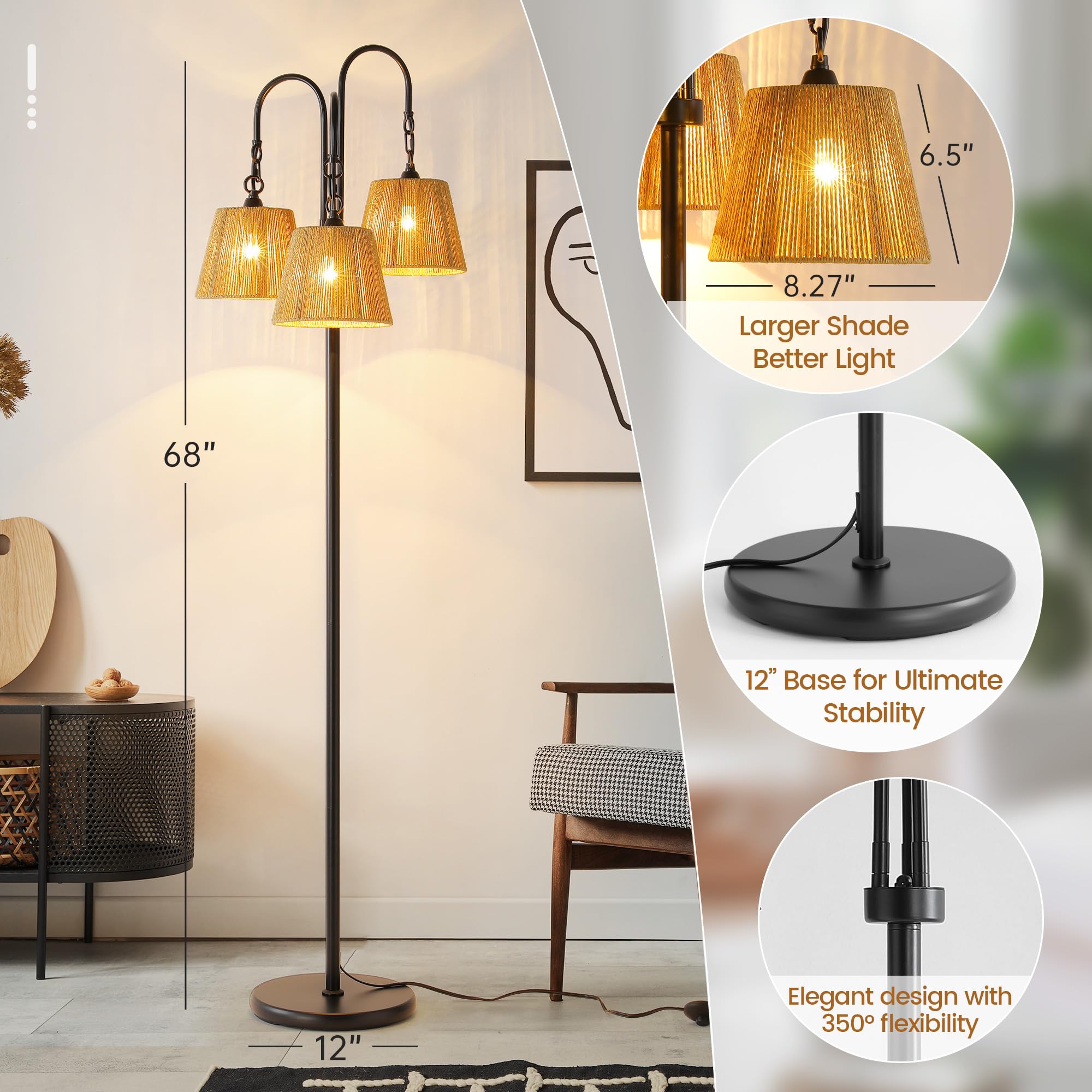 ZenGlimmer Rattan Floor Lamp - 68in Bohemian-Black, 3-Light Tree Lamp with Natural Shade, E26 Socket, Footswitch for Living Room or Bedroom