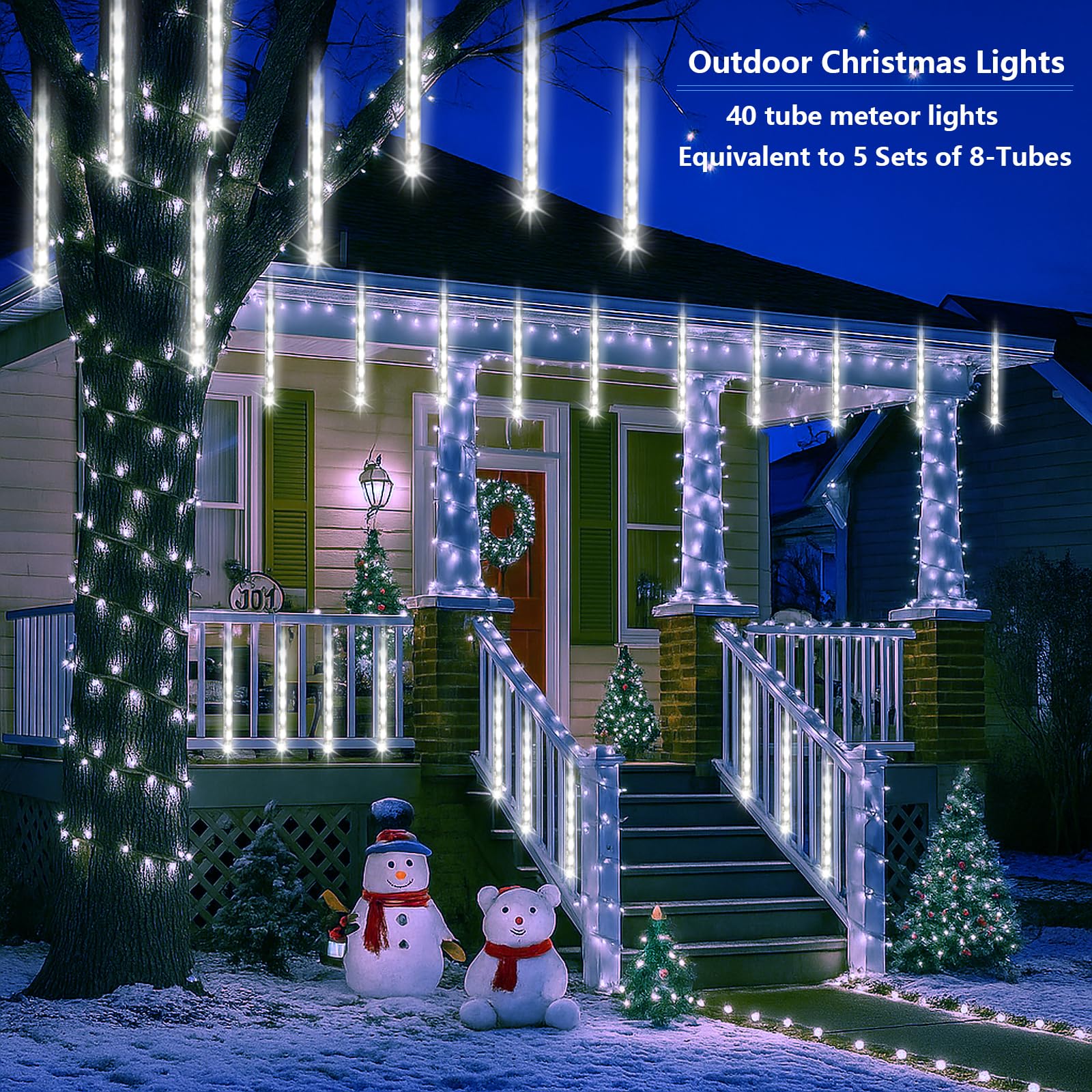Purtuemy Outdoor Christmas Lights: 40 Tube(Equivalent To 5 Sets Of 8-Tubes) Meteor Shower Rain Lights - Waterproof Christmas Halloween Decorations For Yard Outside Tree Roof  White