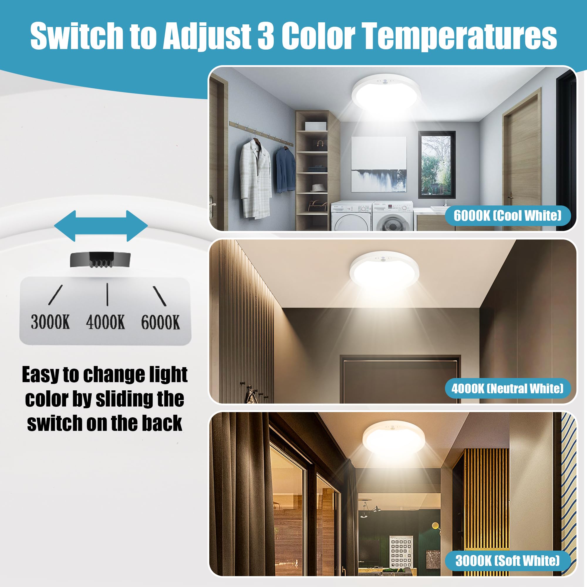 Hard-Wired Motion Sensor Ceiling Lights, 9In 20W Flush Mount Motion Led Ceiling Lights, 3000K 4000K 6000K Indoor Ceiling Light For Closet Doorway Stairway Hallway, 2 Packs, Not Battery Operated