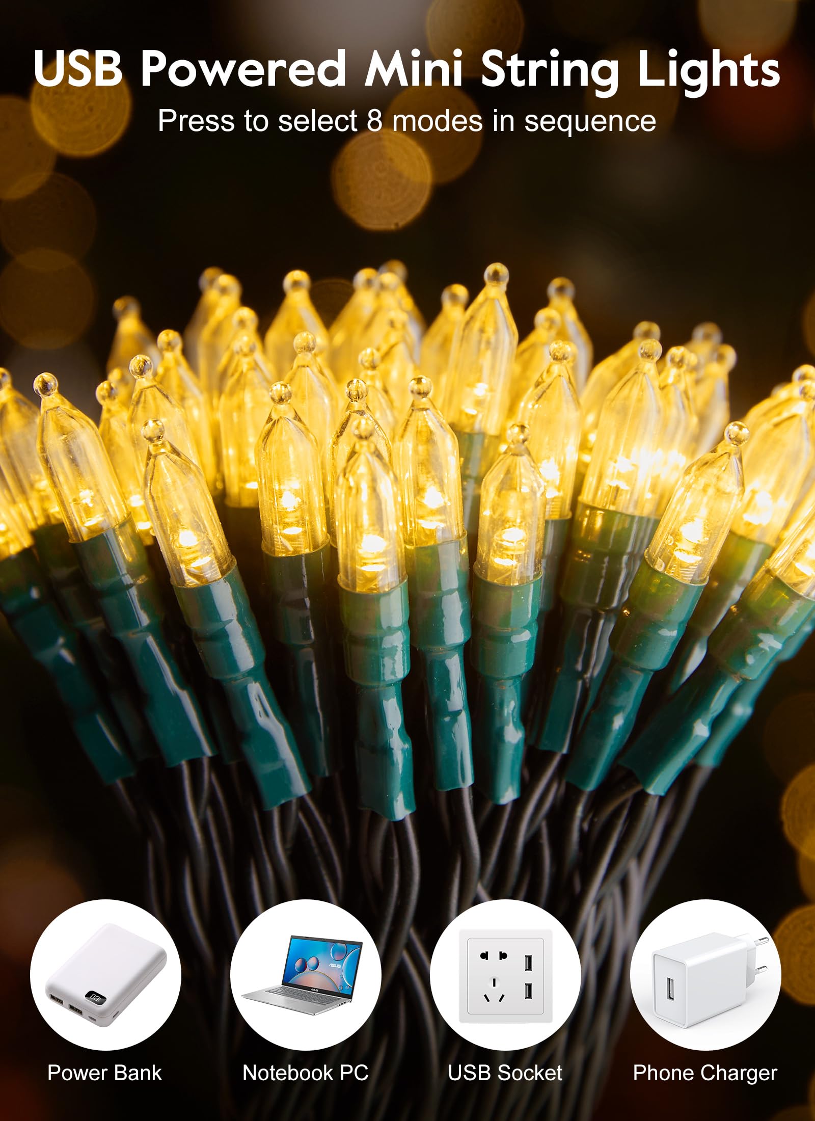 Minetom LED Christmas Lights, 100 Count Warm White String Lights, 39 FT with Remote, USB Plug for Indoor Decorations