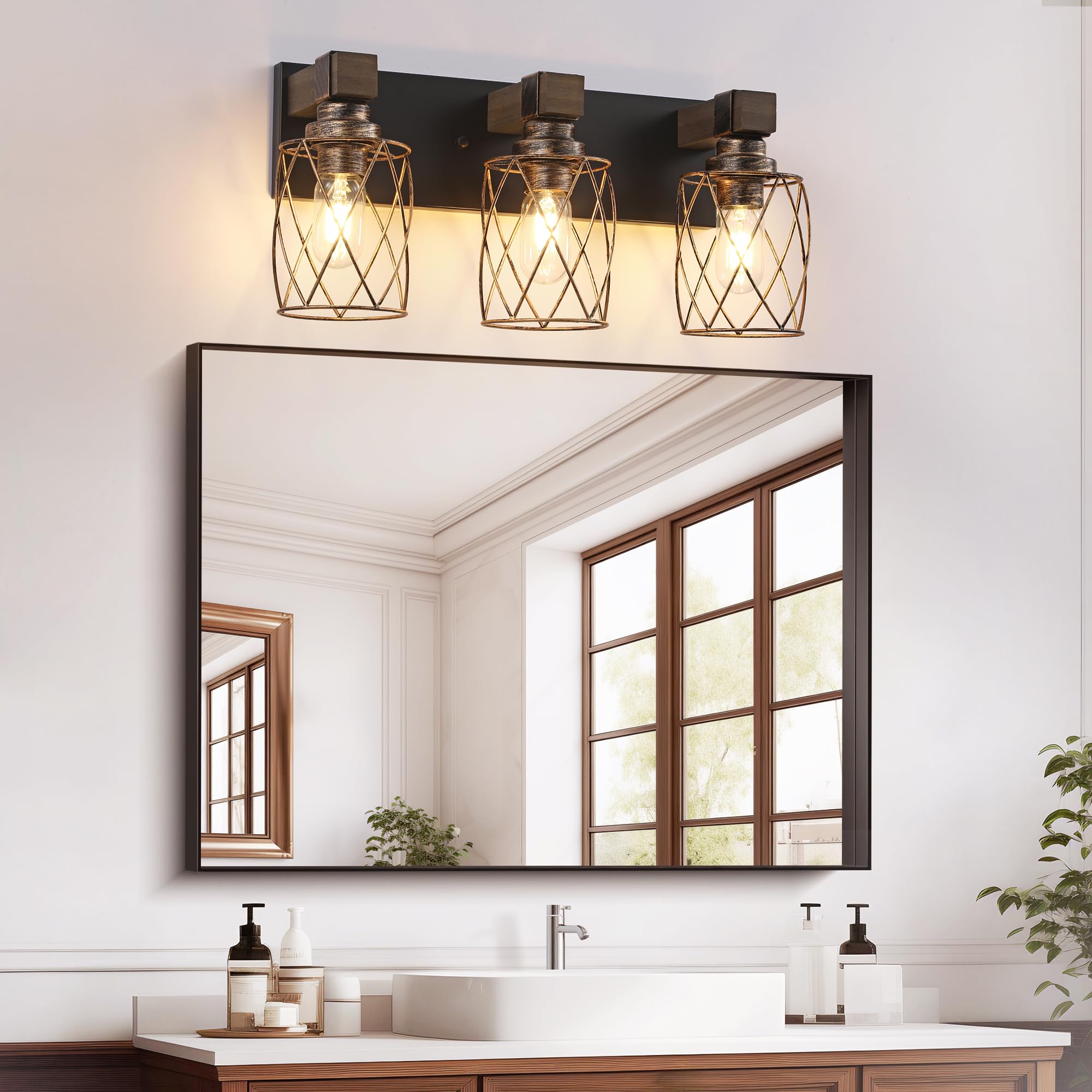 XvmBvm Farmhouse Bathroom Vanity Light - 3-Light Metal Fixture, Black Gold, Model X3015-G-3 for Rustic Lighting in Bathroom, Living Room, Hallway