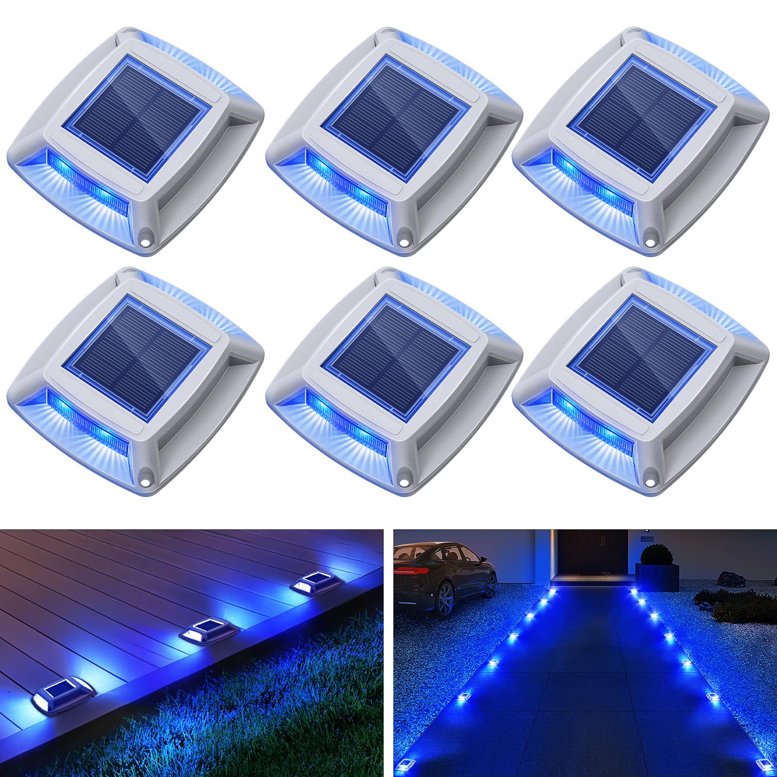 Solar Driveway Lights 6 Pack, Solar Powered IP68 Waterproof Dock Lights, 4 LED Driveway Markers Deck Light for Dock, Pathway, Wa