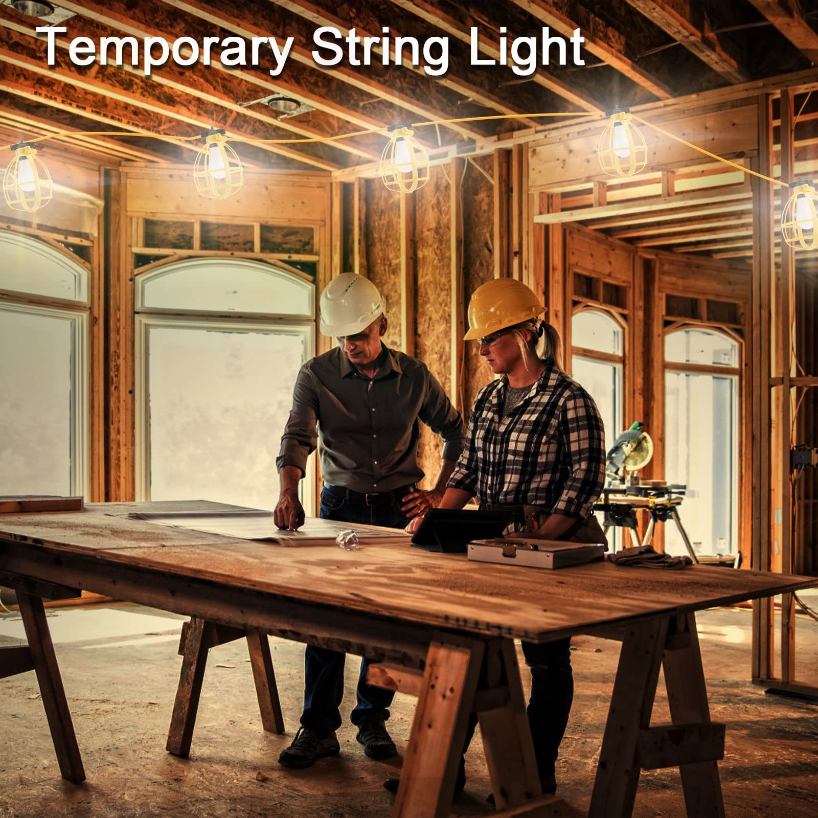 Yaoledly 100FT Construction String Lights - 100W, 11 Bulbs, IP65 Waterproof, 8000LM, 6500K for Indoor/Outdoor Job Sites, Yellow