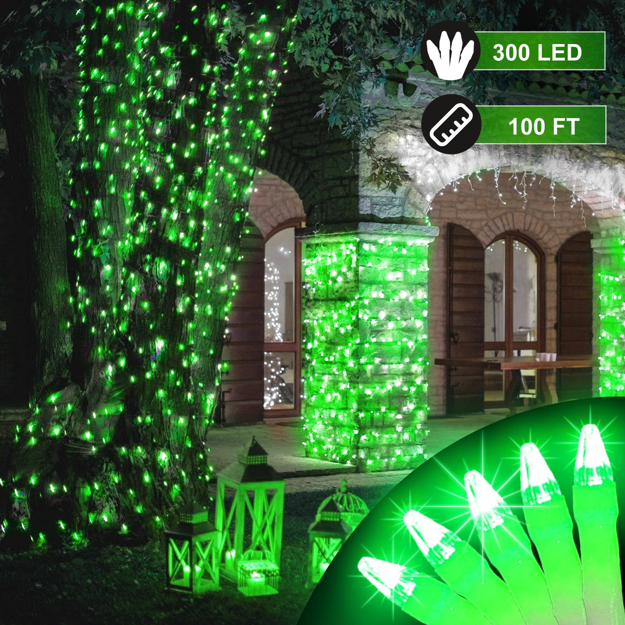HRANBOTY 300LED Christmas String Lights, 100FT Connectable, 8 Modes, Green, Indoor Outdoor, Model HS-300L