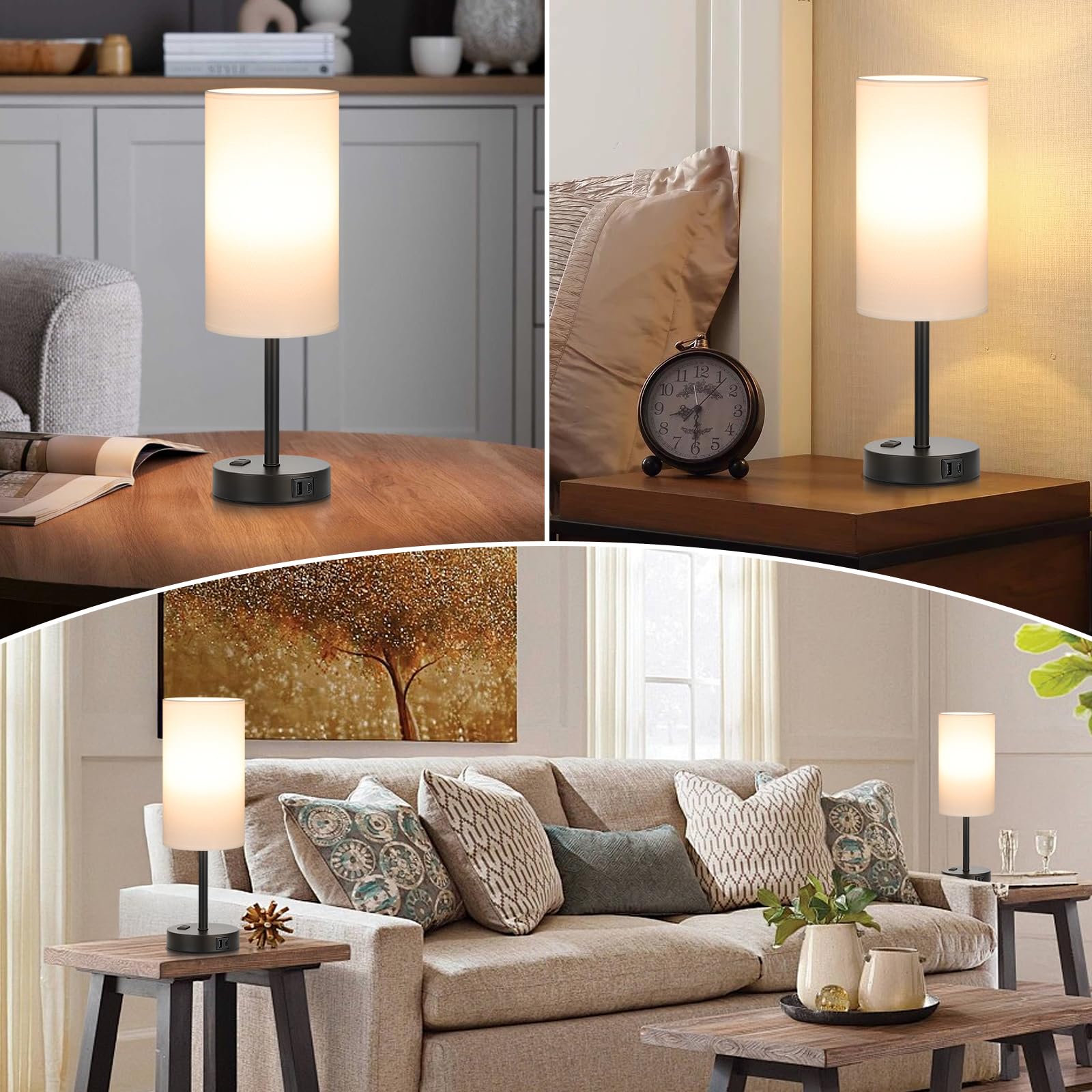 17.4Inches Tall White Bedroom Lamps Set Of 2-3 Way Dimmable Touch Table Lamps With Usb C And A Ports, Lamps For Nightstand With