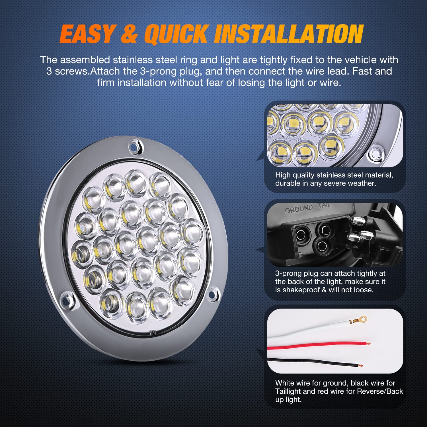 Nilight 4” Round Trailer Tail Light 2Pcs 24Led White Stainless Steel Chrome Bezel Waterproof Backup Reverse Tail Lights For Truck Van Lorry Camper Boat