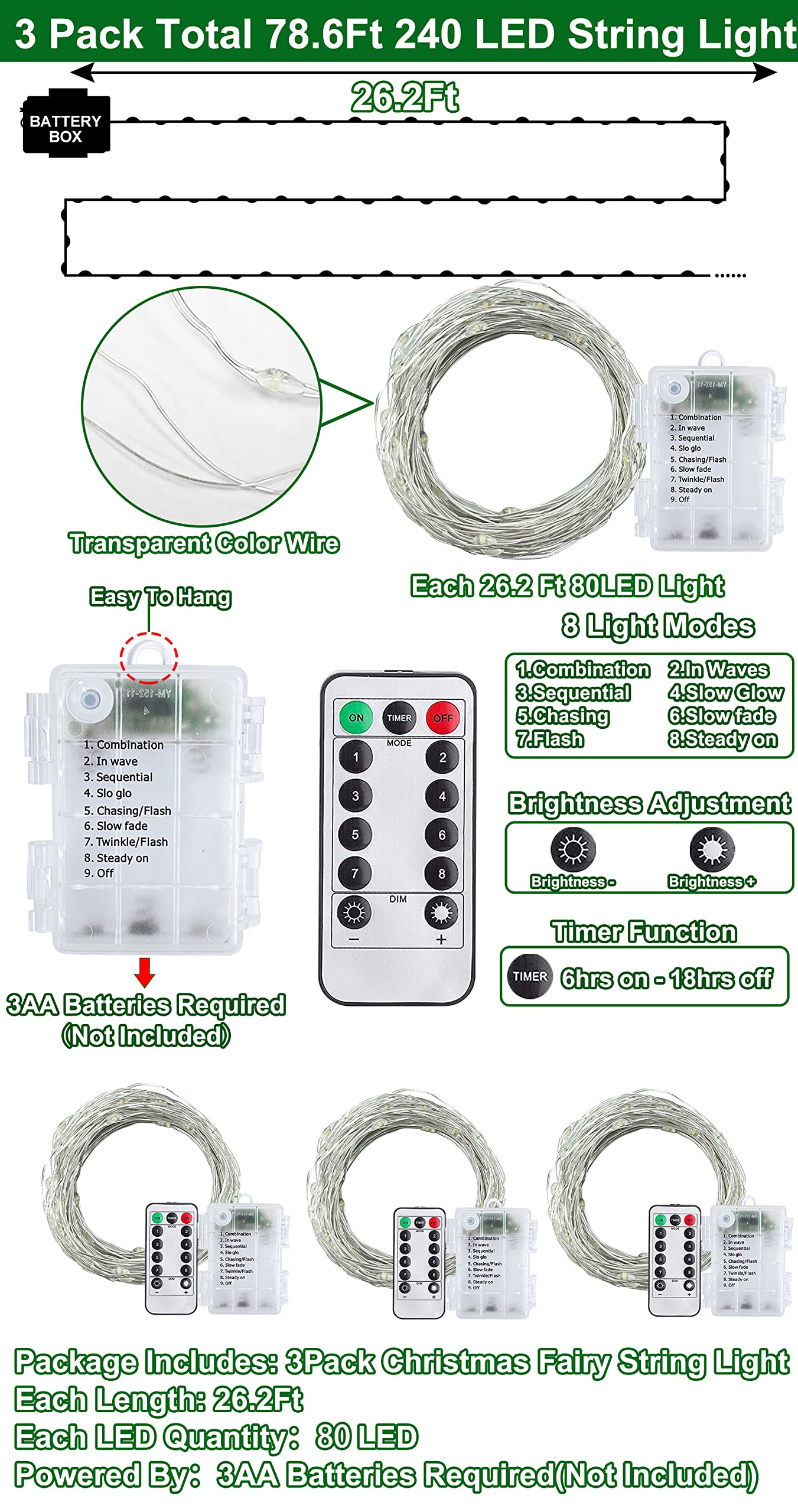 Turnmeon 240 Led Warm White Copper Wire String Lights - 80Ft, 8 Modes, Battery Operated, Waterproof
