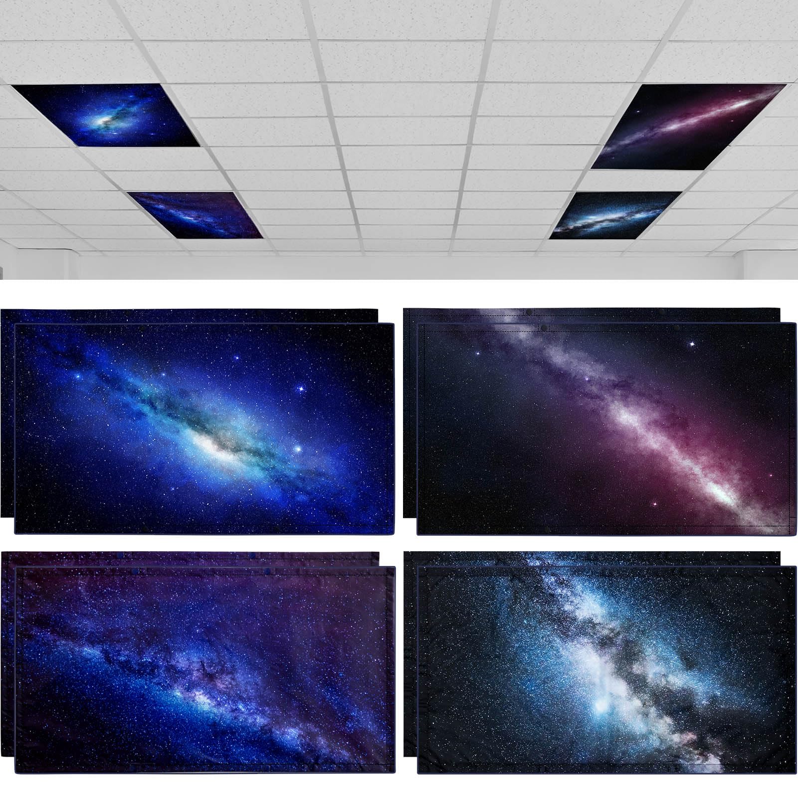 ROCEEI Fluorescent Light Covers 4x2 Feet Magnetic Filters for Classroom & Office - Oxford Fabric, Galaxy Design