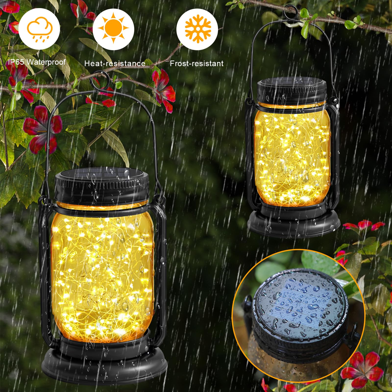YJFWAL 4 Pack Hanging Solar Lantern Lights, Vintage Glass, Warm White, Waterproof for Patio, Yard, Lawn, Tree