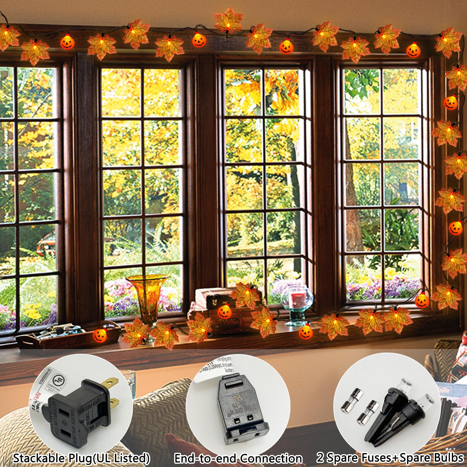 13.6FT Thanksgiving Lights Leaf String Lights, 25 LED Orange Leaf Lights and 10 LED Pumpkin Lights, Plug-in Fall String Lights f