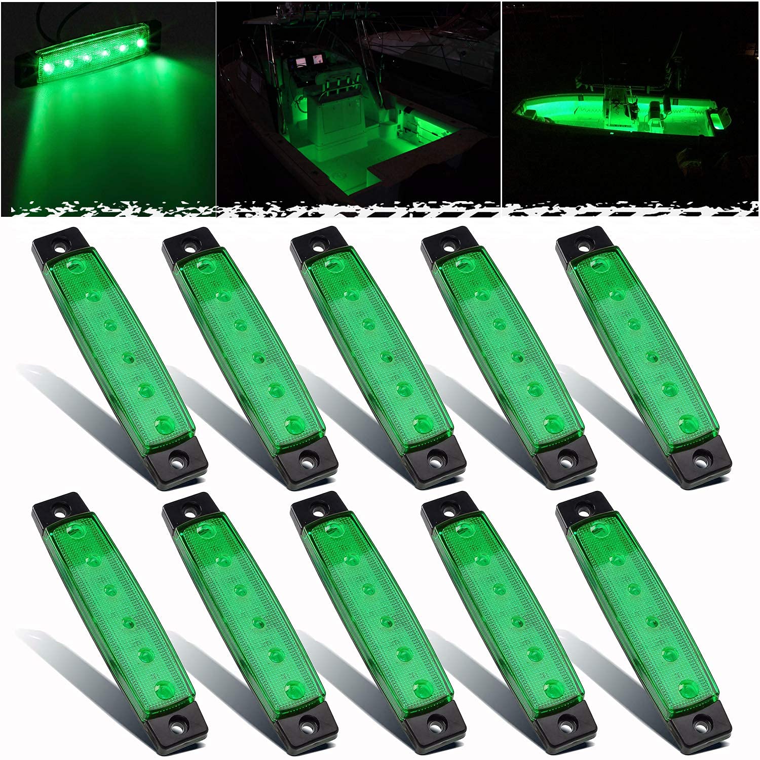 PSEQT LED Boat Interior Lights, Waterproof Courtesy Light Strip, Green, 10PCS, PC Lens for Fishing, Pontoon, Kayak, Yacht, Sailboat
