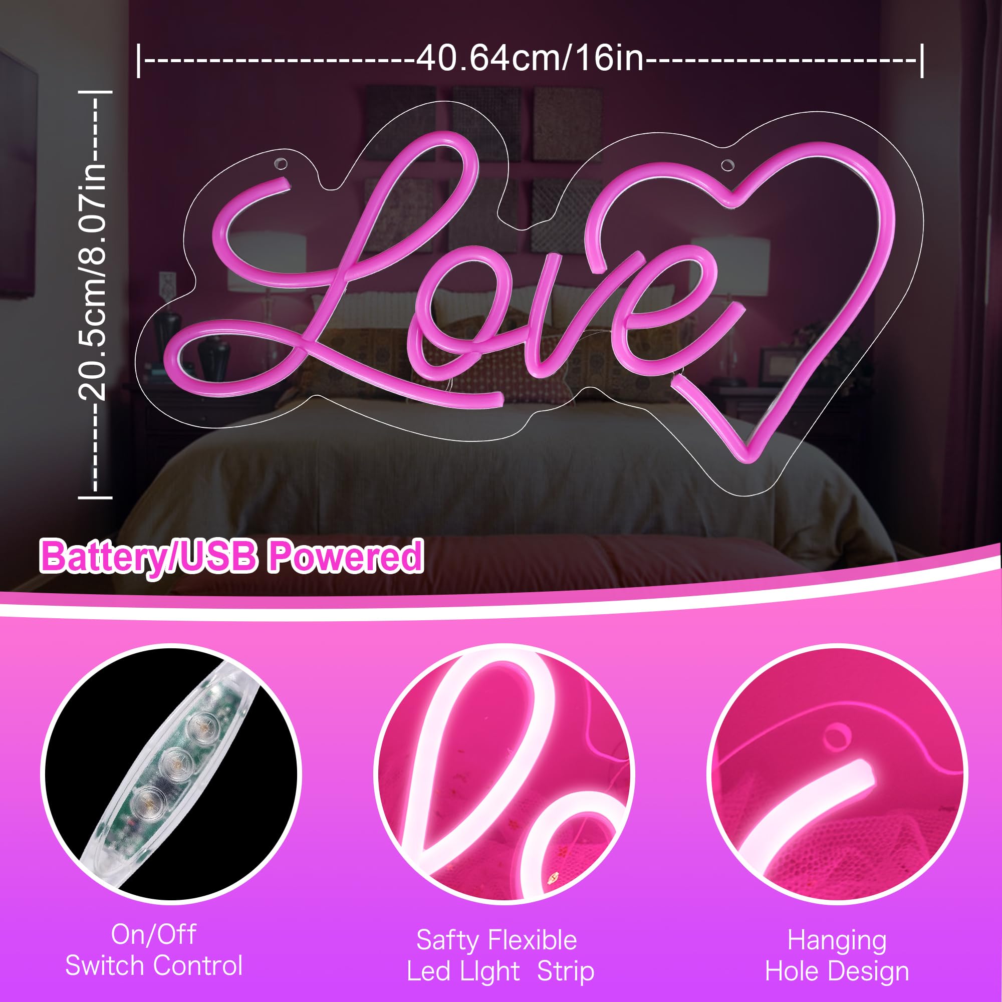 Begooat Love Heart Neon Sign - 10 Levels Dimmable USB Light for Kids Bedroom, Wedding Decor, Valentines Day Gift, Model S