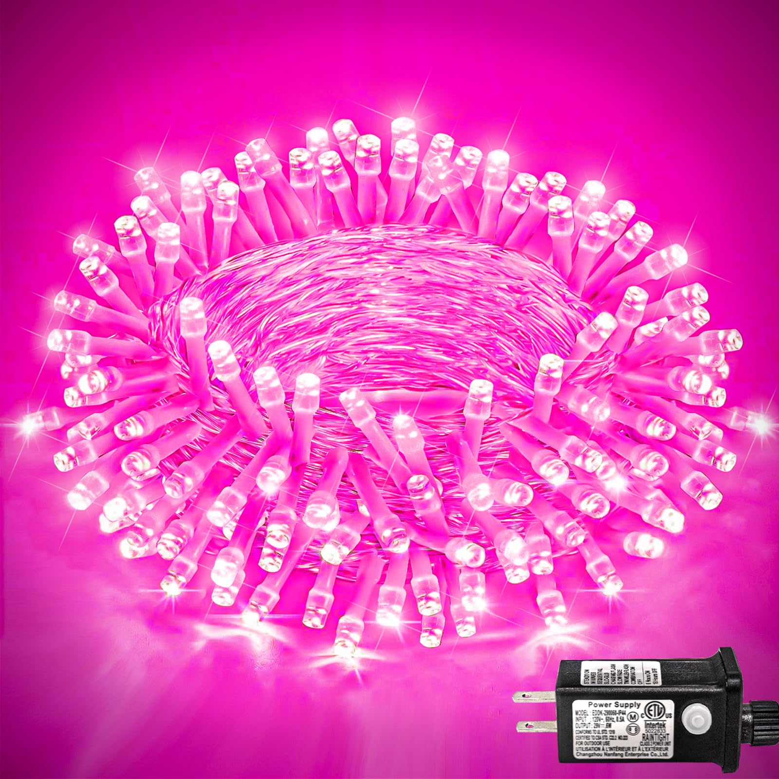 Einiiya 120 LED Pink Christmas Lights, 40ft Pink String Lights with 8 Modes Clear Wire Waterproof, Plug in Fairy String Light fo