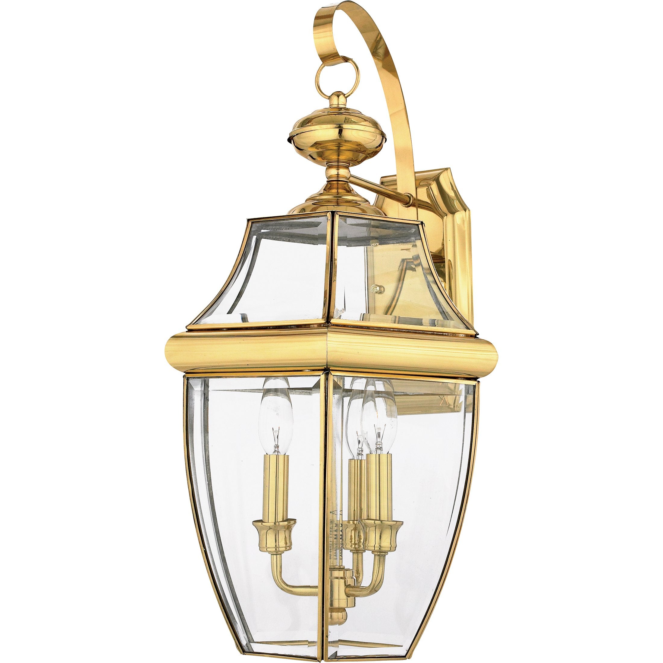 Quoizel Newbury Outdoor Wall Lantern, 23 Inch 3-Light Polished Brass Wall Sconce, French Country Exterior Wall Lantern Fixture, 