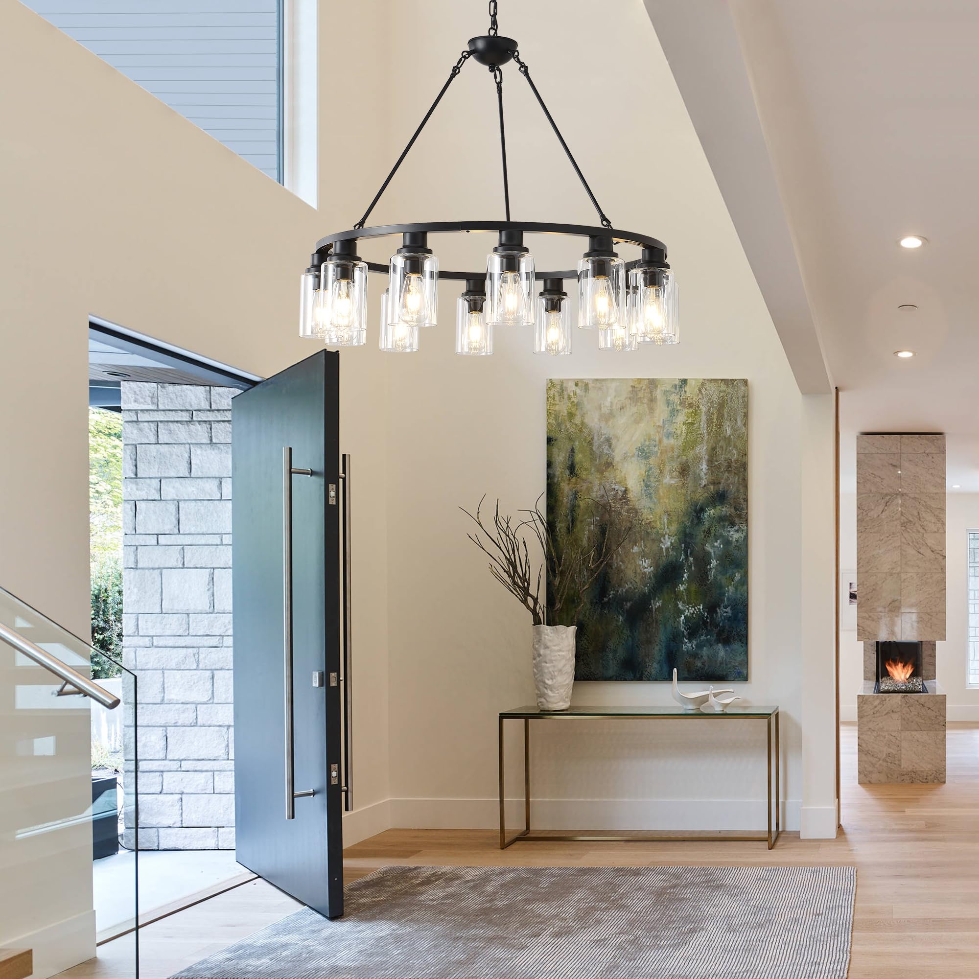 Jtyp 32&quot; Black Wagon Wheel Chandelier, 12-Light Farmhouse Pendant Light For Living Room & Kitchen