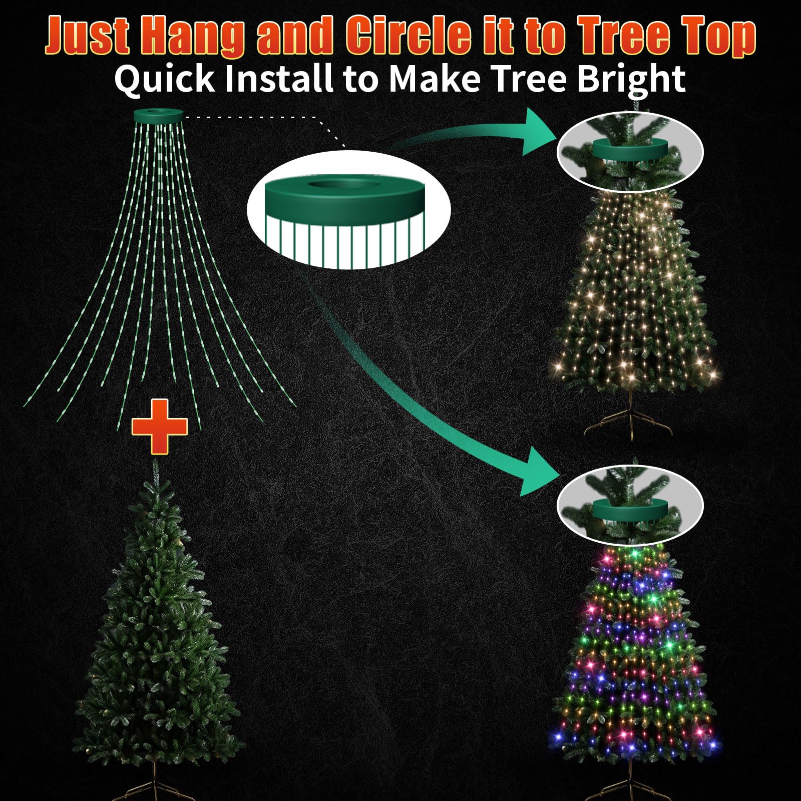 Comfyaura 12 Modes Easy Christmas Tree Lights With Ring Indoor Outdoor - 5Ft X 12 Lines String 216 Led Timer Dimmable Remote Waterproof Lights For 4 5 Ft Xmas Tree Decor (Warm White Or Multicolor)