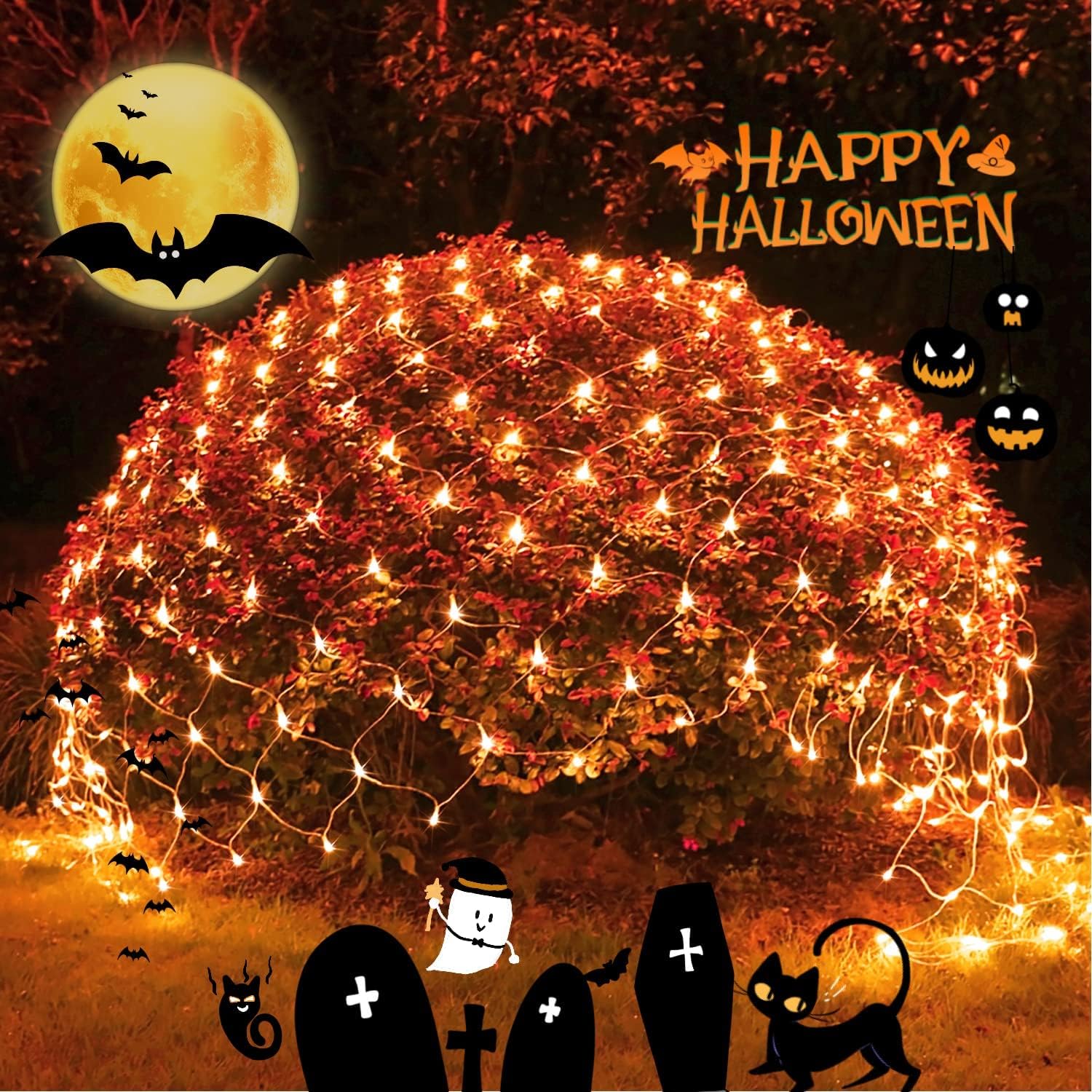 JMEXSUSS Halloween Net Lights, 200 LED, 9.8ft x 6.6ft, Orange, Waterproof, Remote, 8 Modes, Model EXS-N-0200