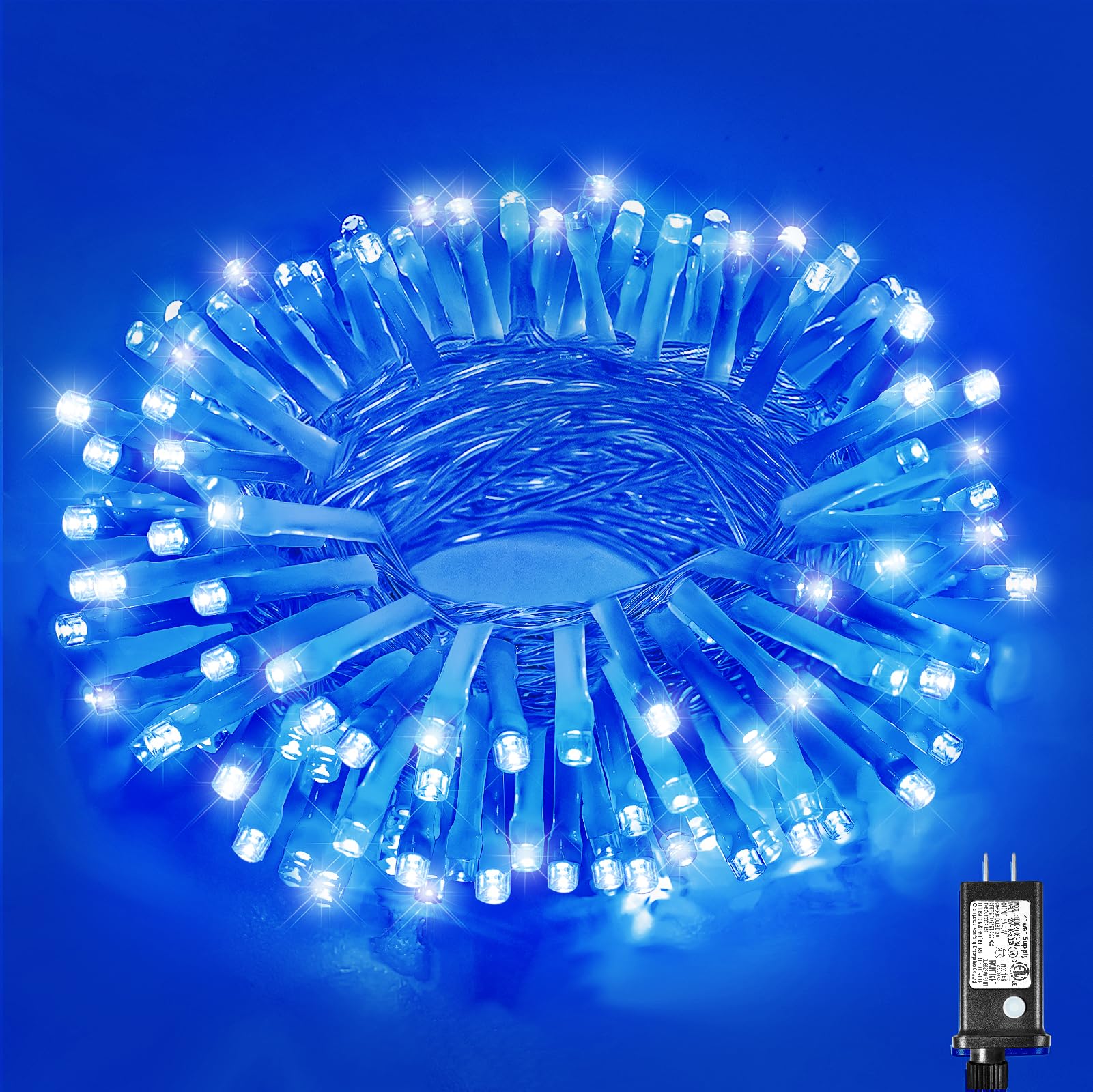 Vivideal 33ft 100 LED Christmas String Lights, Blue, Waterproof, 8 Modes, Clear Wire, Indoor/Outdoor, Model BG-CL3M3-306L01
