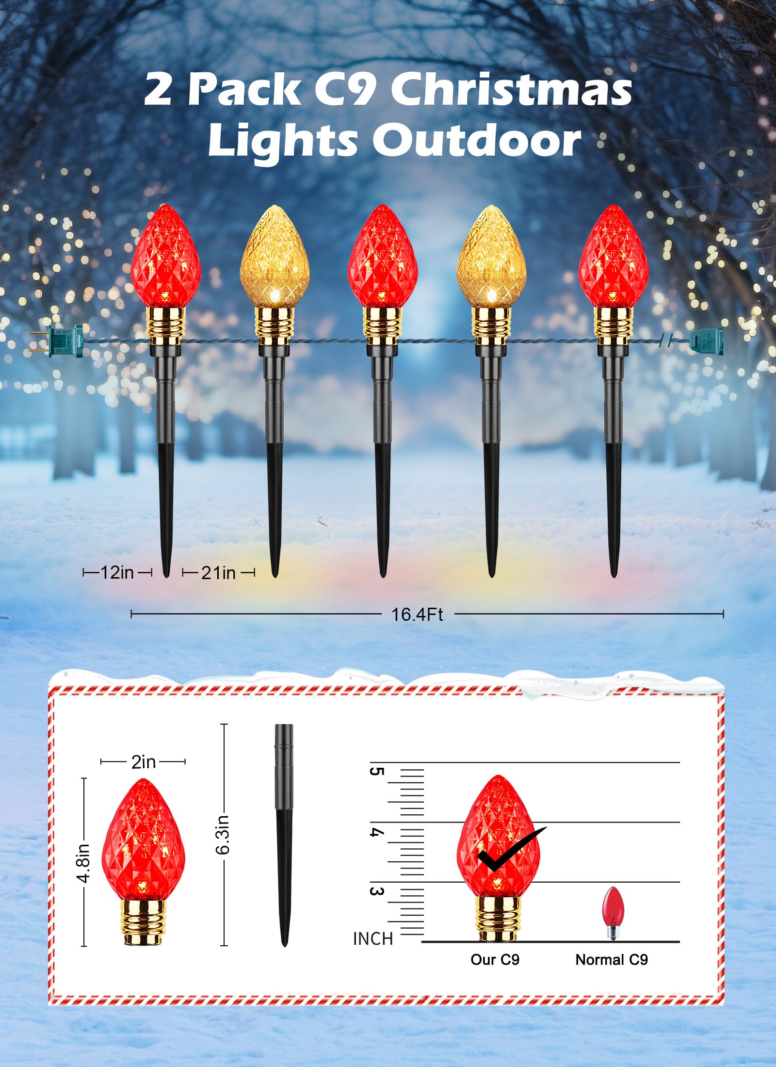 Brightown Christmas Pathway Lights - 20 LED, 34.8 ft, 2 Pack, Strawberry Red & Warm White, Model GY-C-50.6-U-B1