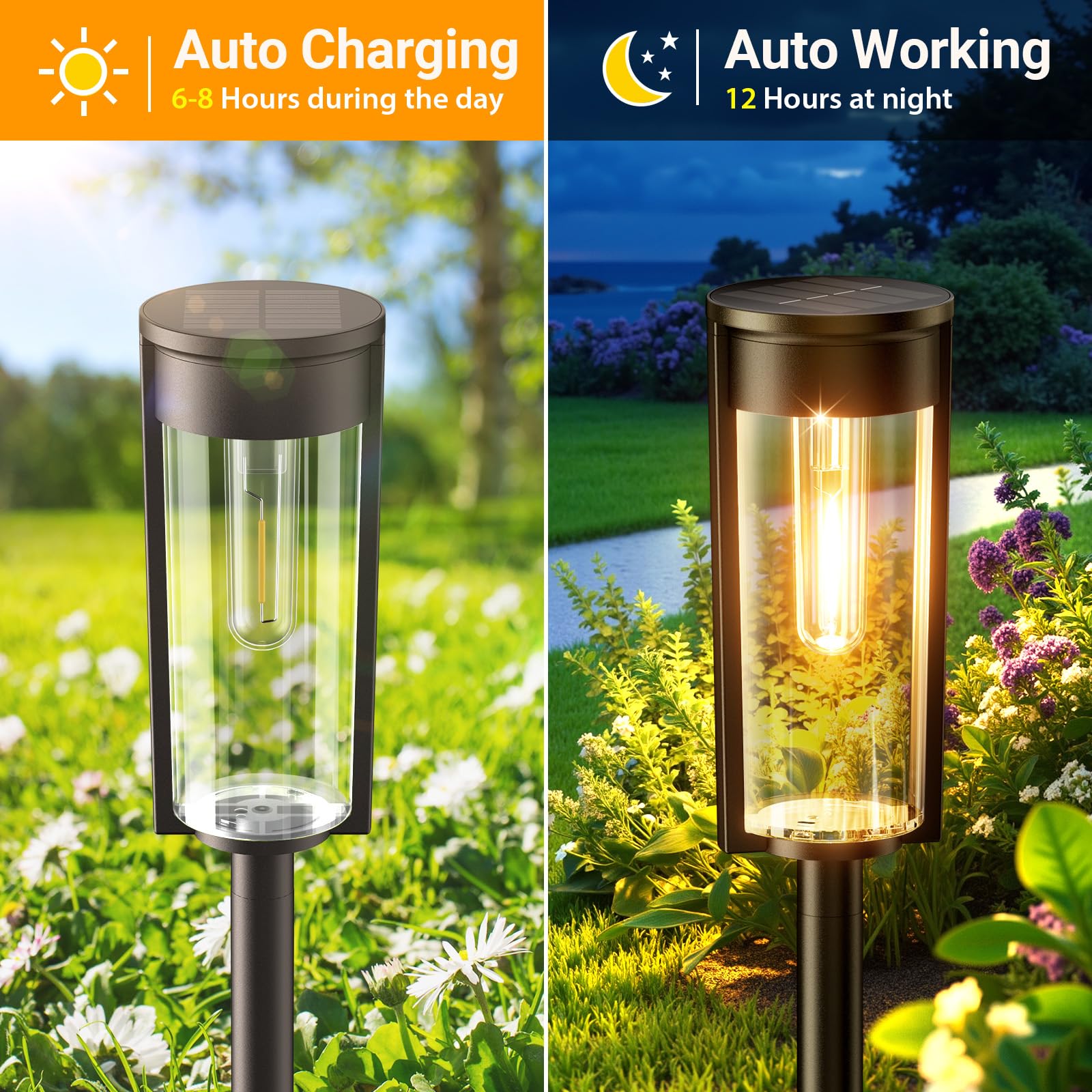 LETMY Solar Pathway Lights, 8 Pack, IP65 Waterproof, Black Body & Warm White Light, Model DC-001