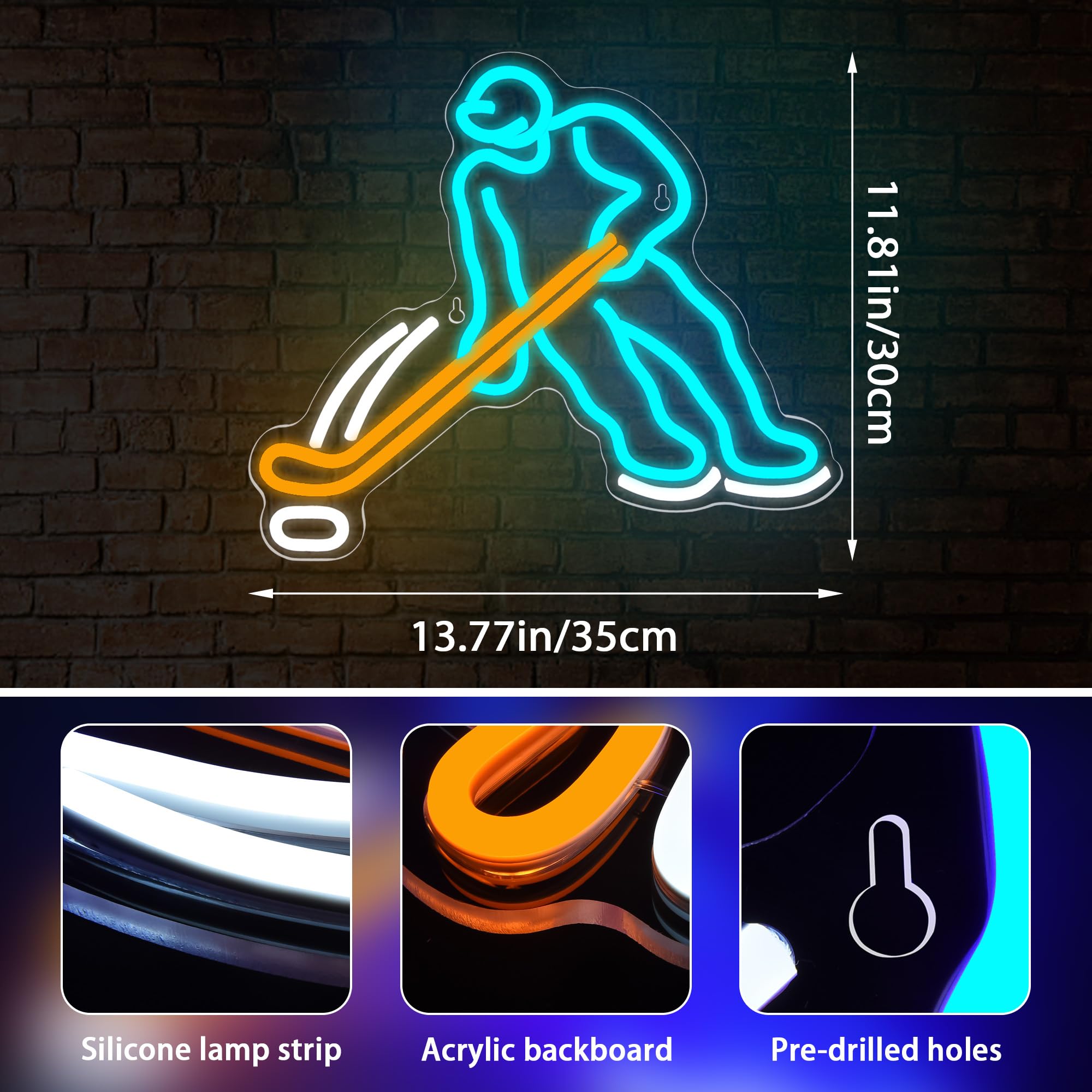 LALAON Ice Hockey Neon Light Sign, Blue and Yellow, Acrylic, 13.8x11.8in, Model ZKXD10003, Great for Garage, Man Cave, Bar,