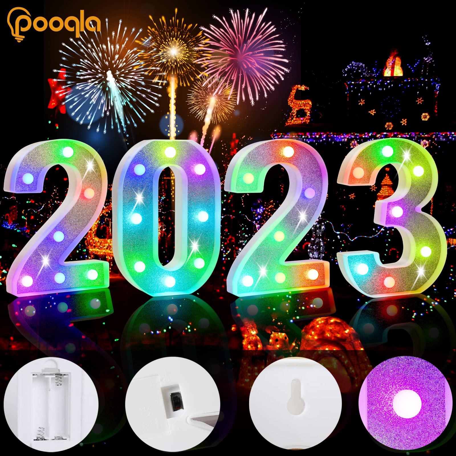 Pooqla Colorful Marquee Numbers with Remote, RGB Light Up Numbers, Glitter LED Lighted Number Lights Battery Powered, Christmas