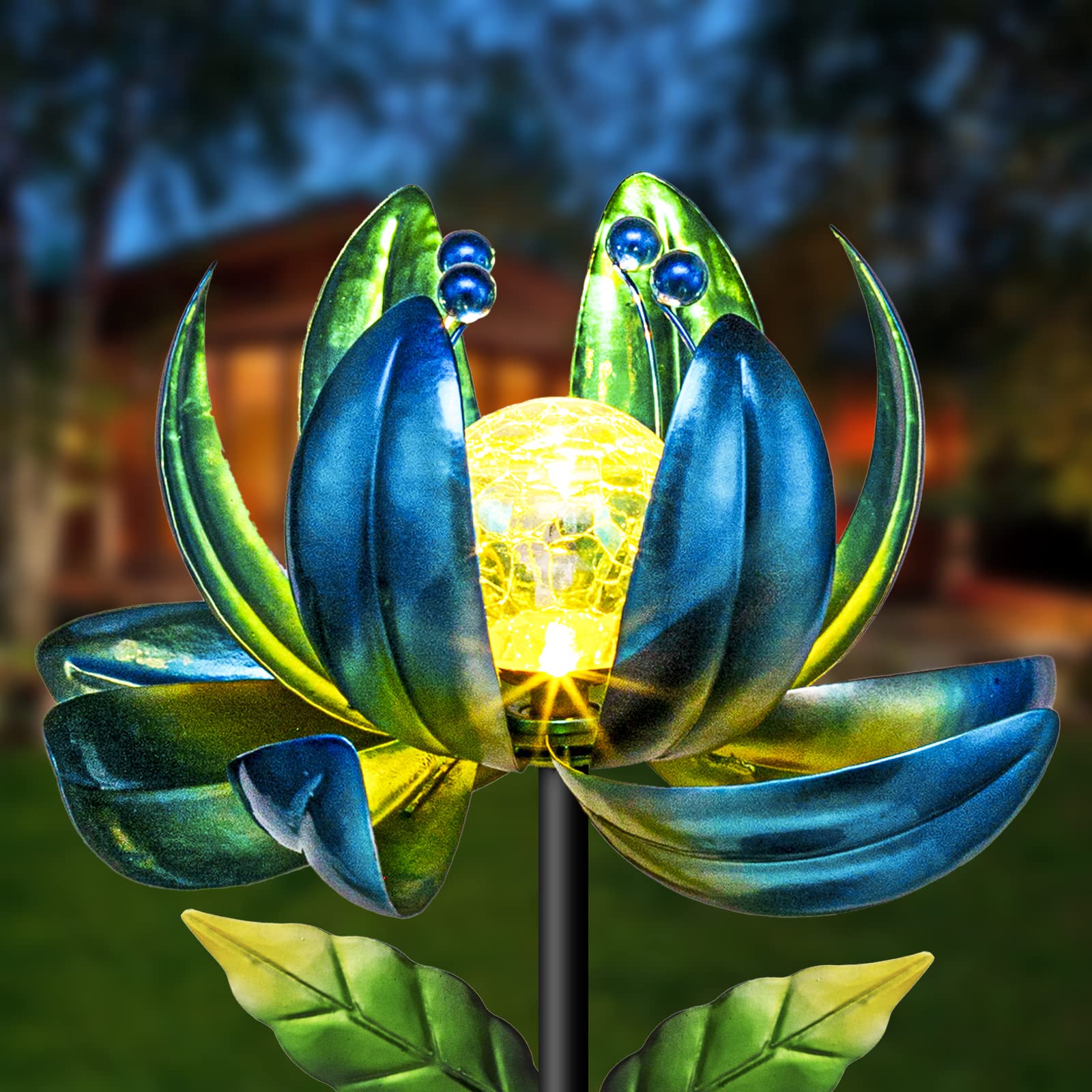 Huaxu Solar Outdoor Lights 35.4In Garden Decor Flower Wind Spinners,Waterproof LED Crackle Glass Globe Blue Lotus Art Metal Stak