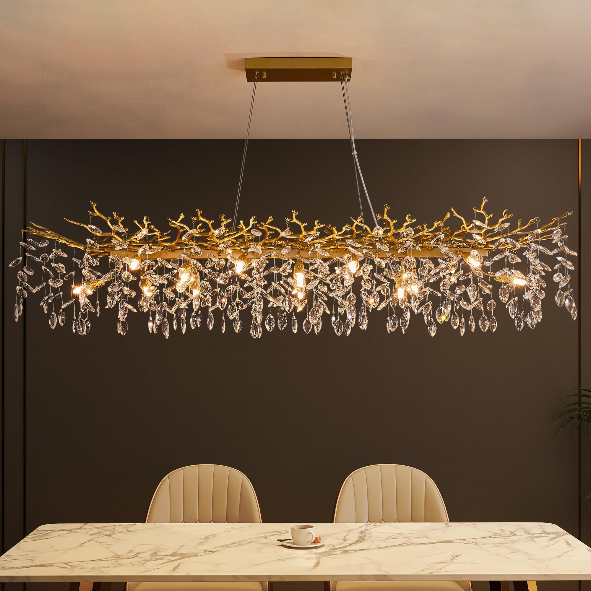 Modern Tree Branch Chandelier, 16 Lights Rectangular 59'' Crystal Gold Chandeliers For Kitchen Island Dining Room Living Room