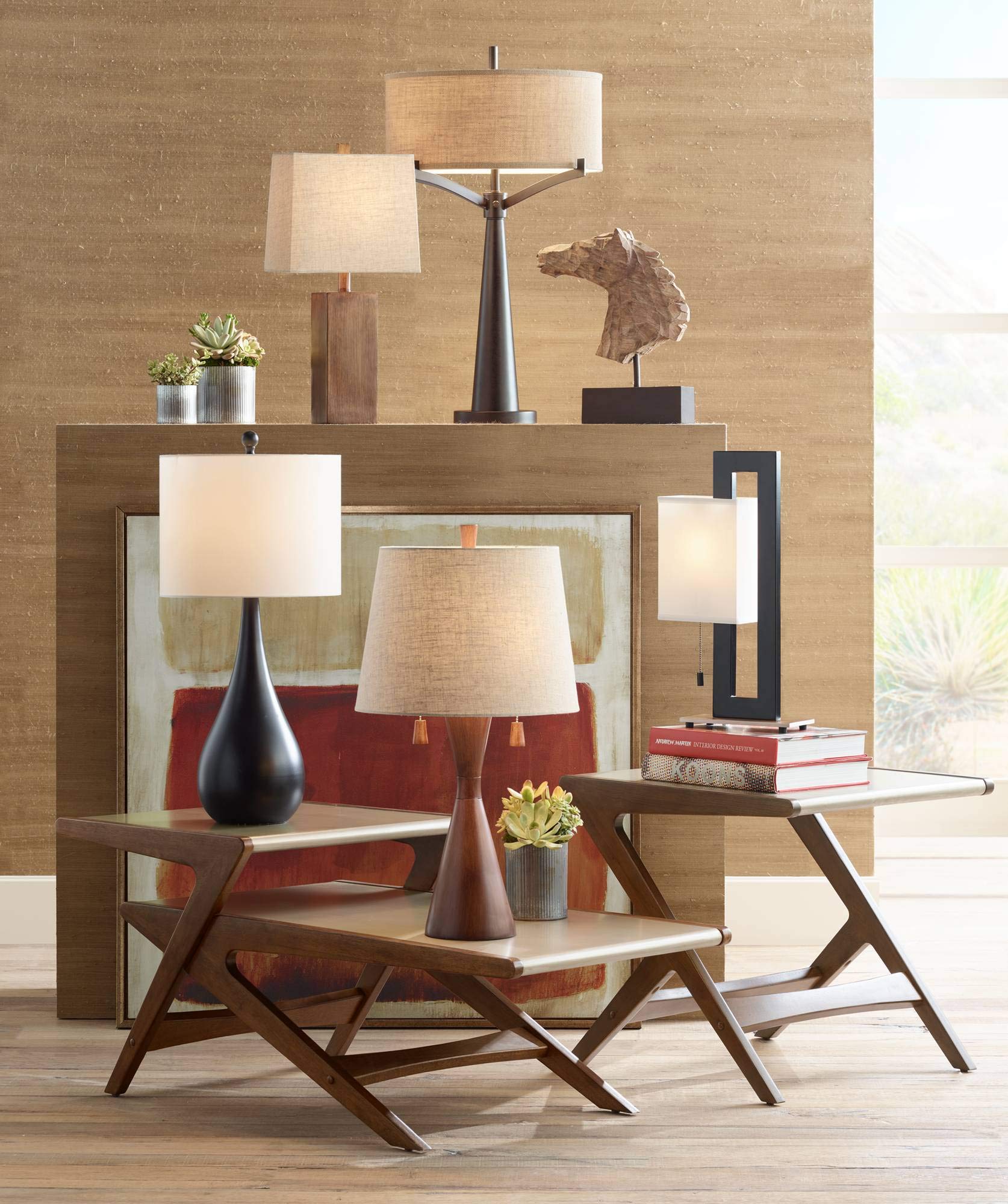 360 Lighting Omar Modern Table Lamp 28 3/4'' Tall Warm Brown Wood Hourglass Oatmeal Fabric Tapered Drum Shade For Bedroom Living