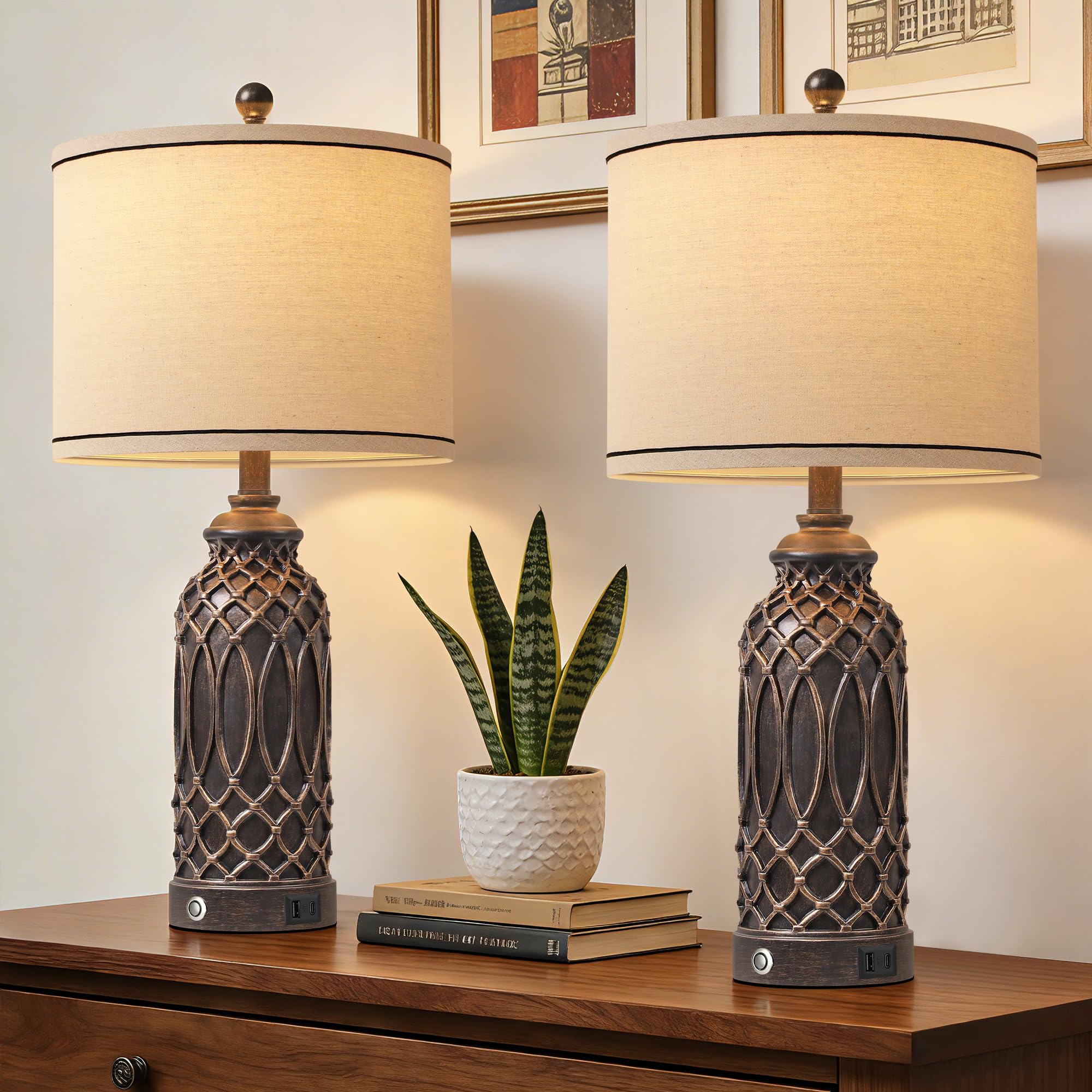 WIHTU Farmhouse Table Lamps Set of 2, Black-Gold Resin Table Lamps with USB Ports, Touch Button Switch, Woven Wicker Pattern, Li
