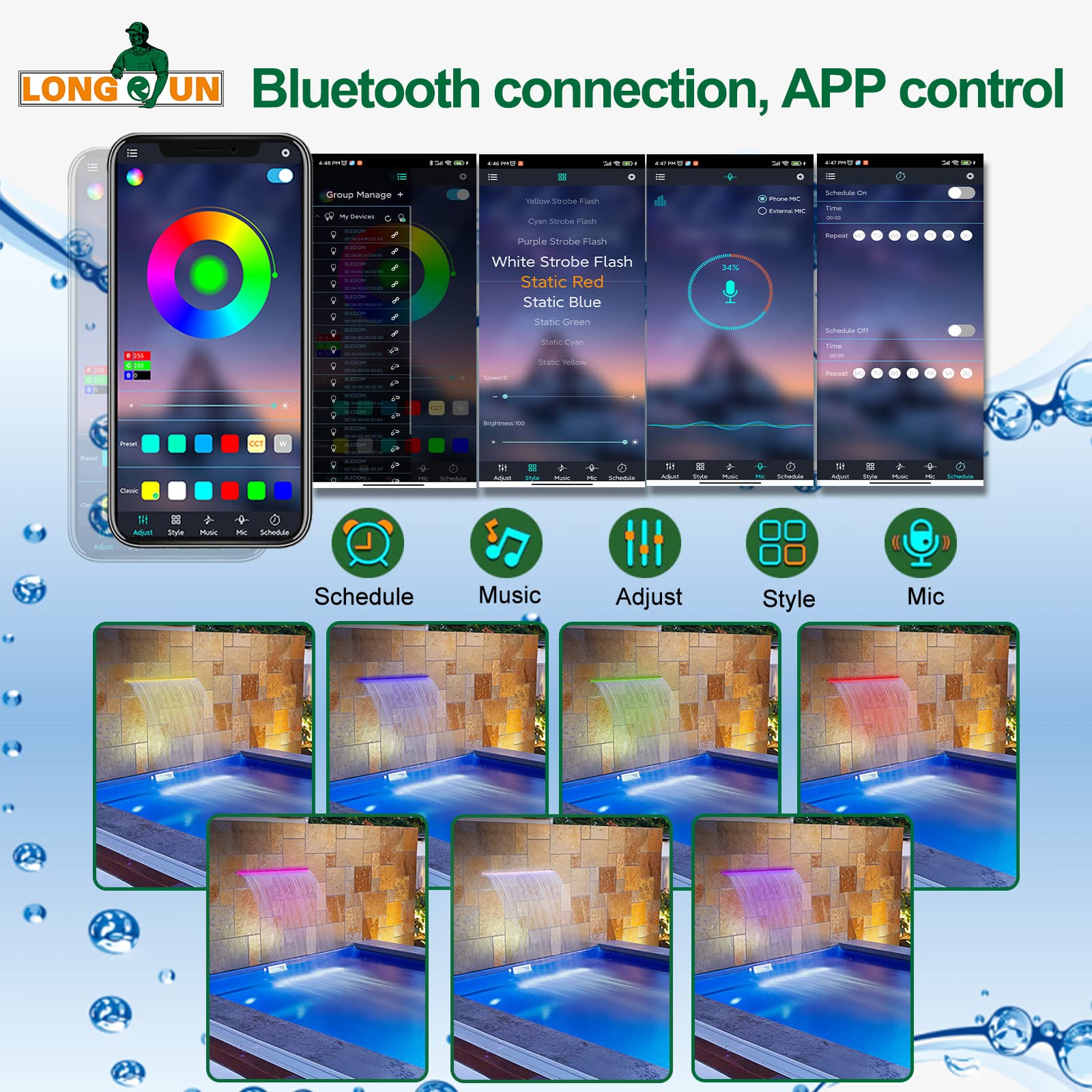 Longrun LED Color Changing Strip Lights 34.85" Waterproof APP Control for Garden, Pond, Pool, Fountain, and Aquarium - Multiple Colors