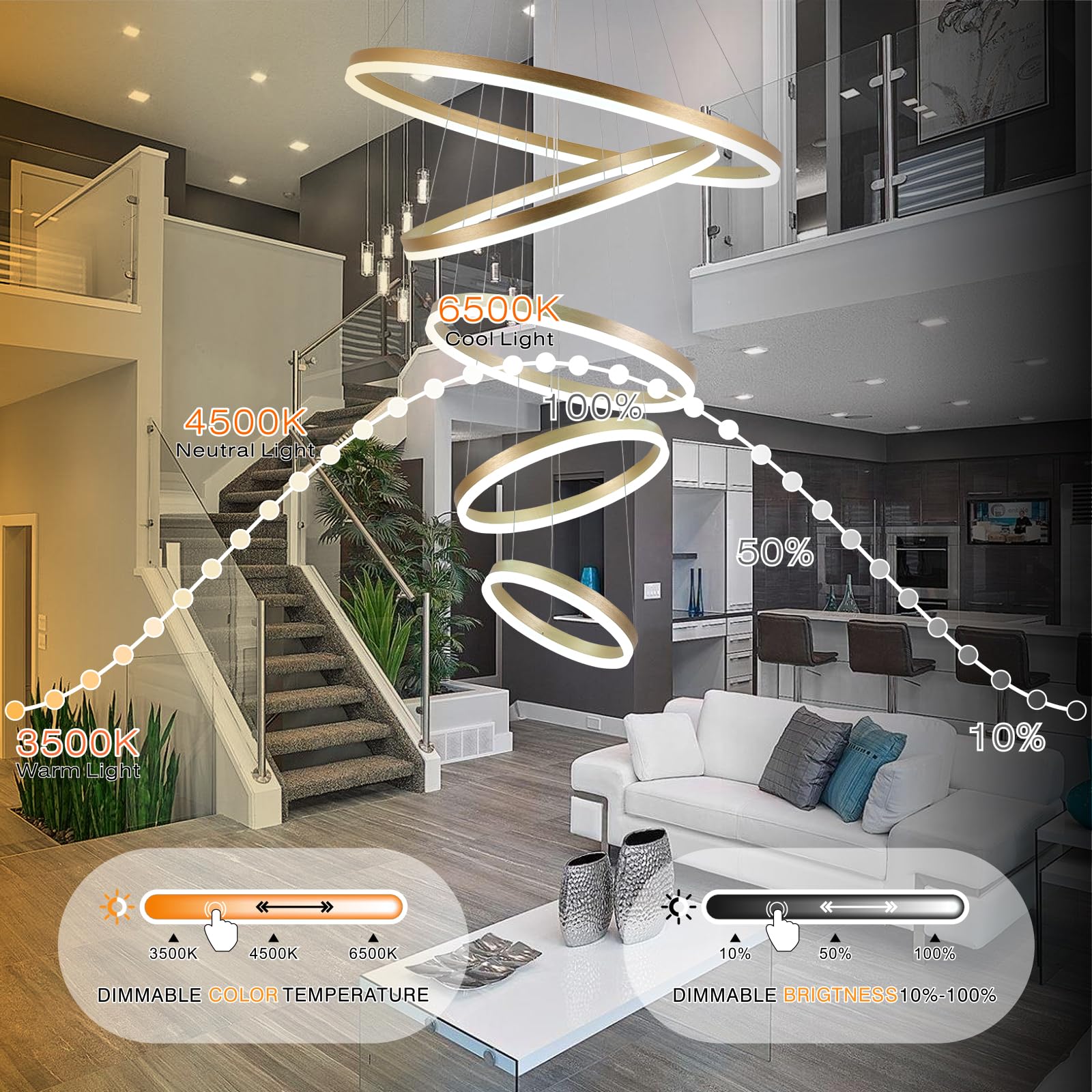 Embring Modern Led Chandelier 5 Rings Gold Chandeliers With Remote Control Dimmable Large Chandelier For High Ceiling Staircase Living Room Foyer 3000K-6000K Selectable