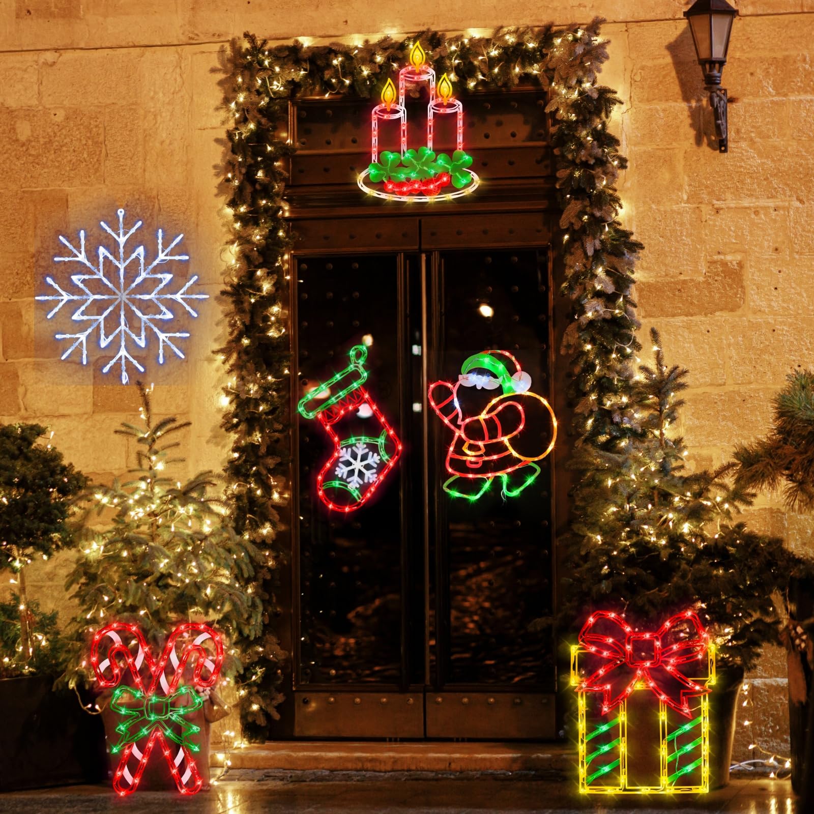Pytopkto 16 Christmas Window Silhouette Lights - 6 Pack Colour Lighted Candy Cane & Santa & Christmas Stocking & Candle & Gift Box &Snowflake For Holiday Indoor And Outdoor Window Decorate
