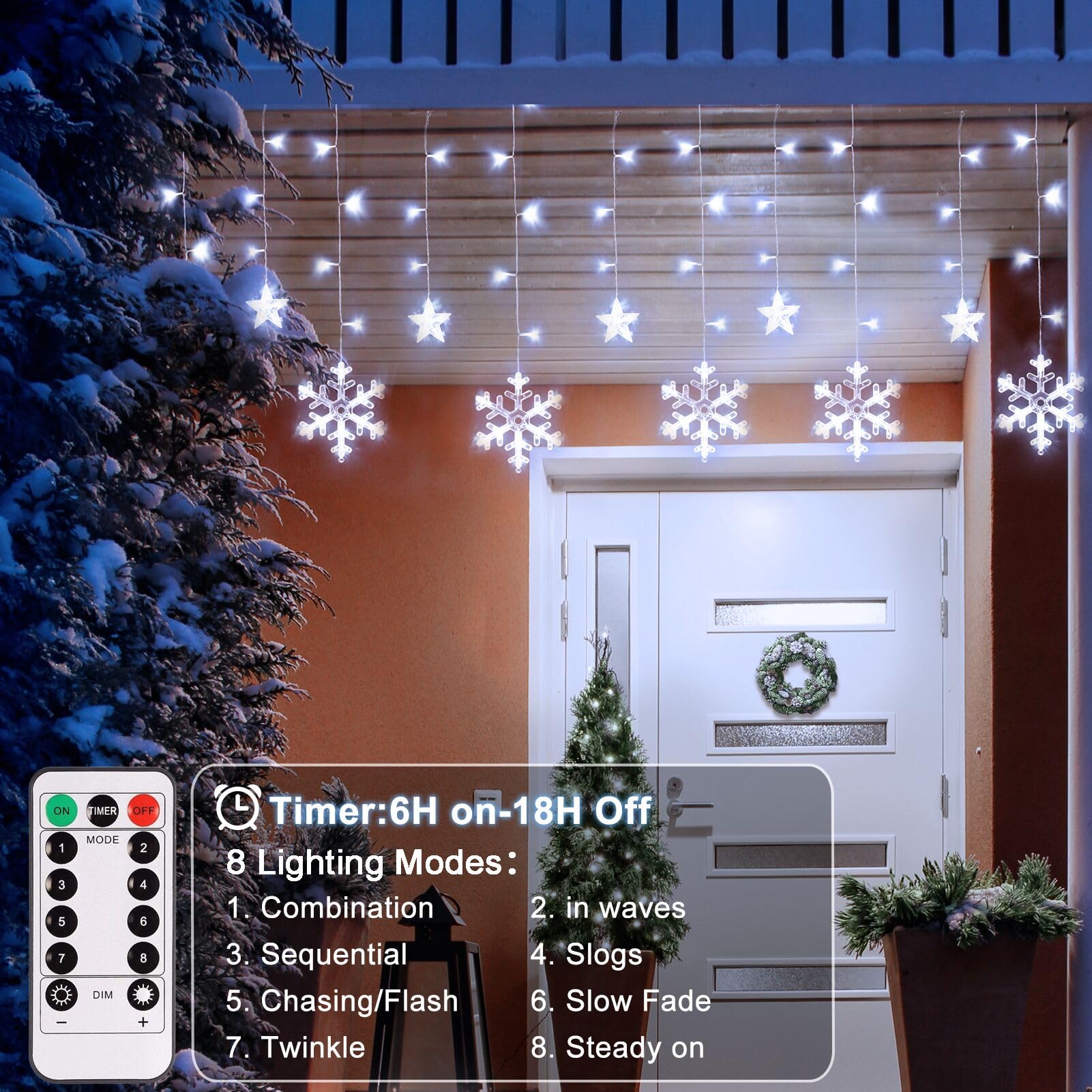 Echosari Christmas Snowflake Lights Battery Powered, 9.8Ft 144Led Hanging Snowflake Icicle Lights With Remote Timer, Waterproof